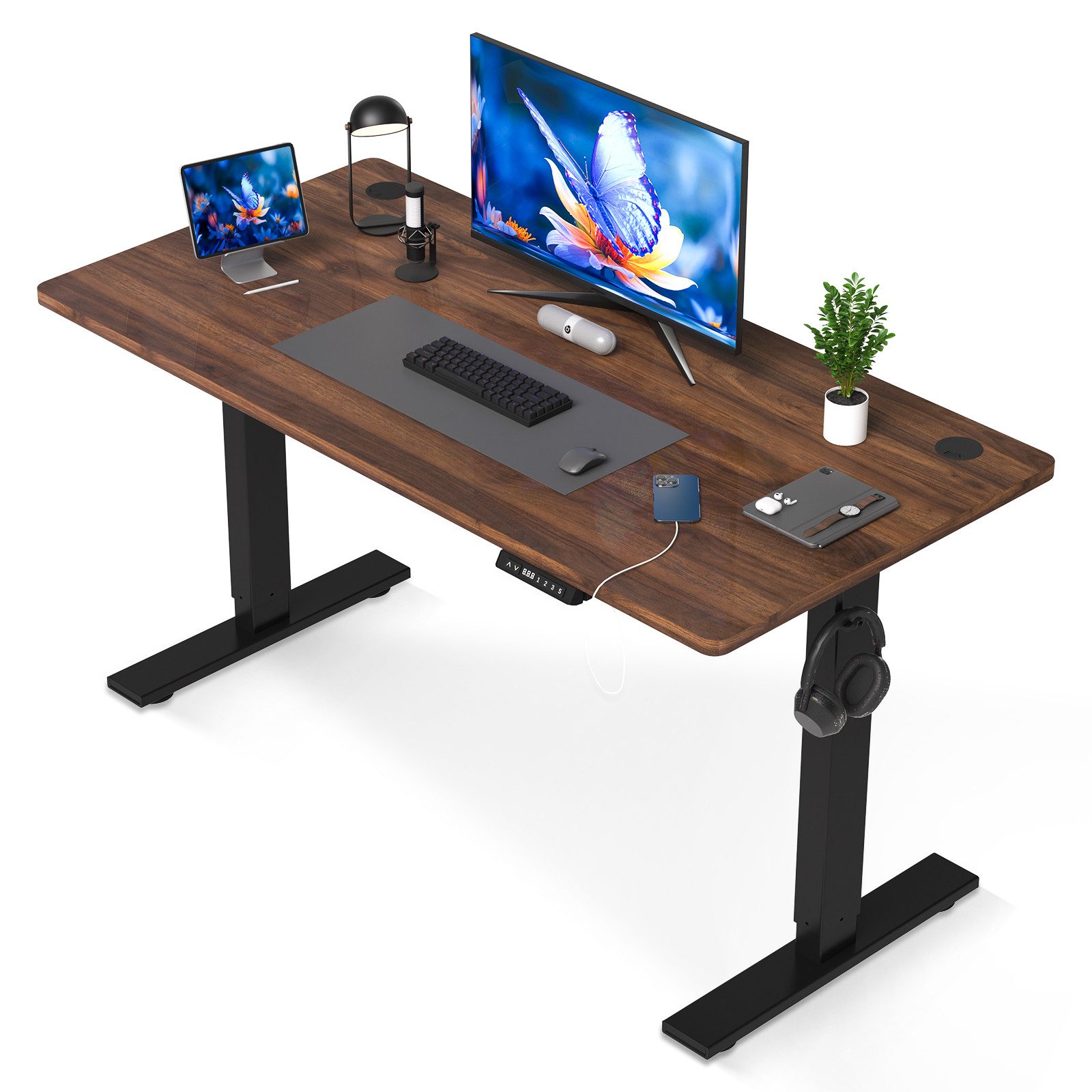 HOMAVO Schreibtisch Höhenverstellbarer schreibtisch mit Memory- und Rebound-Funktion (Sitz-Steh-Erinnerung), inkl. Kabelwanne & USB/Typ-C-Anschlüssen, Tischplatte 18 mm