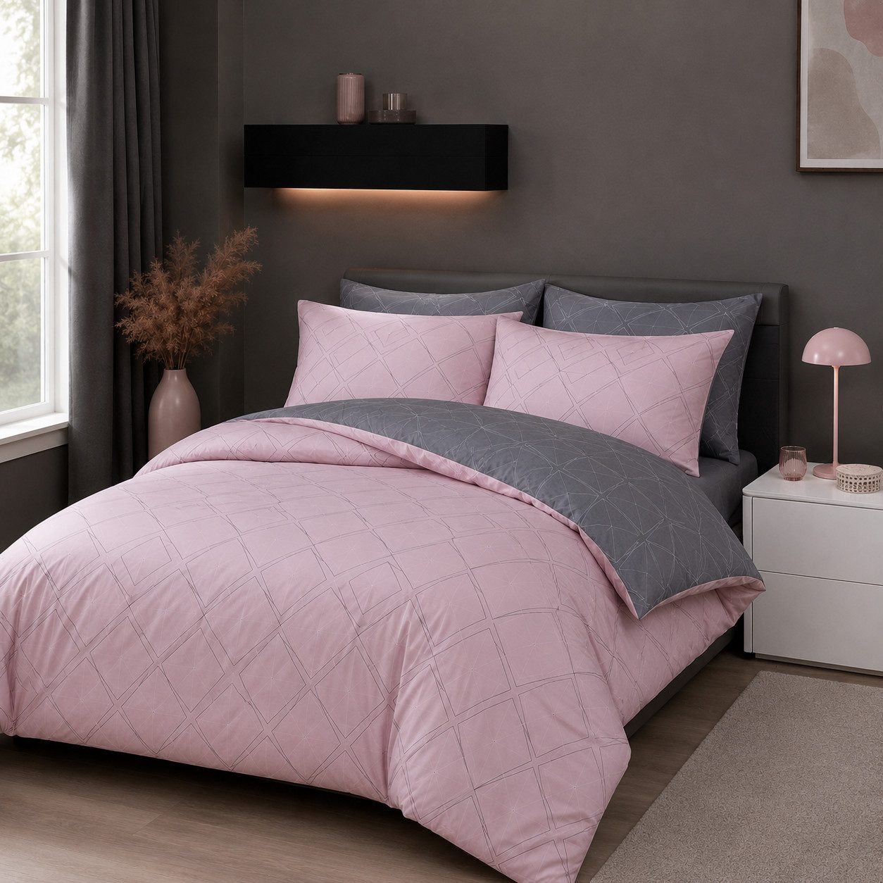 soma Bettwäsche Biber Garnitur 135x200 cm grau rosa inkl. Kissen 80x80 cm Wende-Design, Biber, 2 teilig, 100 % Baumwolle, Reißverschluss, geometrisches Muster,  – Bild 2 von 5