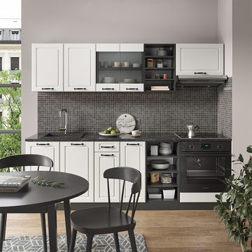Livinity® Küchenzeile R-Line, Weiß Landhaus/Anthrazit, 240 cm, AP Marmor