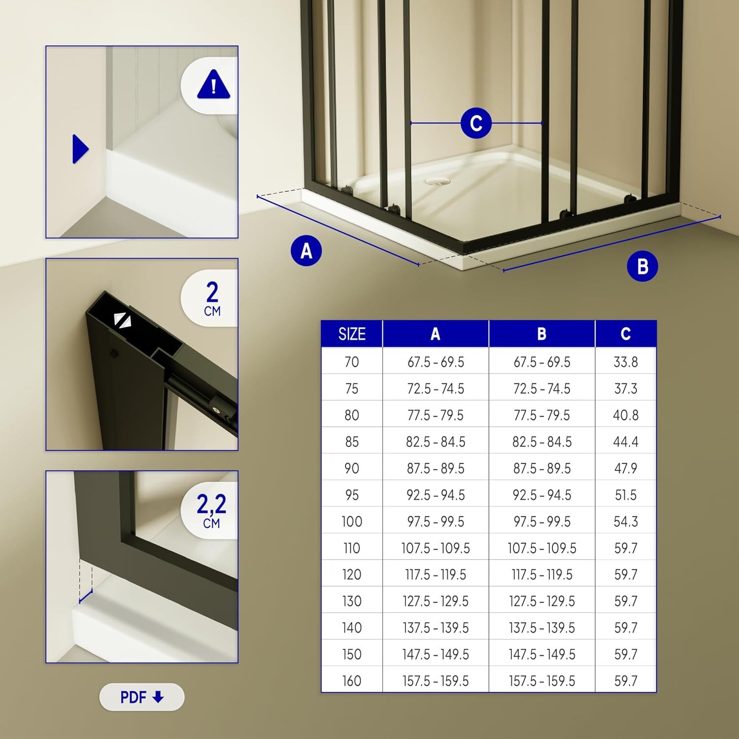 i-flair Eckdusche Schiebetür Duschkabine DANIELLE aus durchsichtigem 6 mm ESG, BxT: 70x70 cm, Einscheibensicherheitsglas, ohne Duschtasse, mit hochwertigen Aluminiumprofilen in schwarz, ebenerdiger Einbau möglich, mit Schiebetüren
