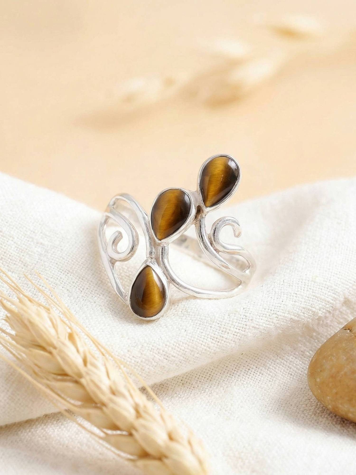 mantraroma Silberring SIDISTI aus 925 Silber mit Tigerauge (Ring mit Schmuckbeutel), Damenring aus 925er Silber