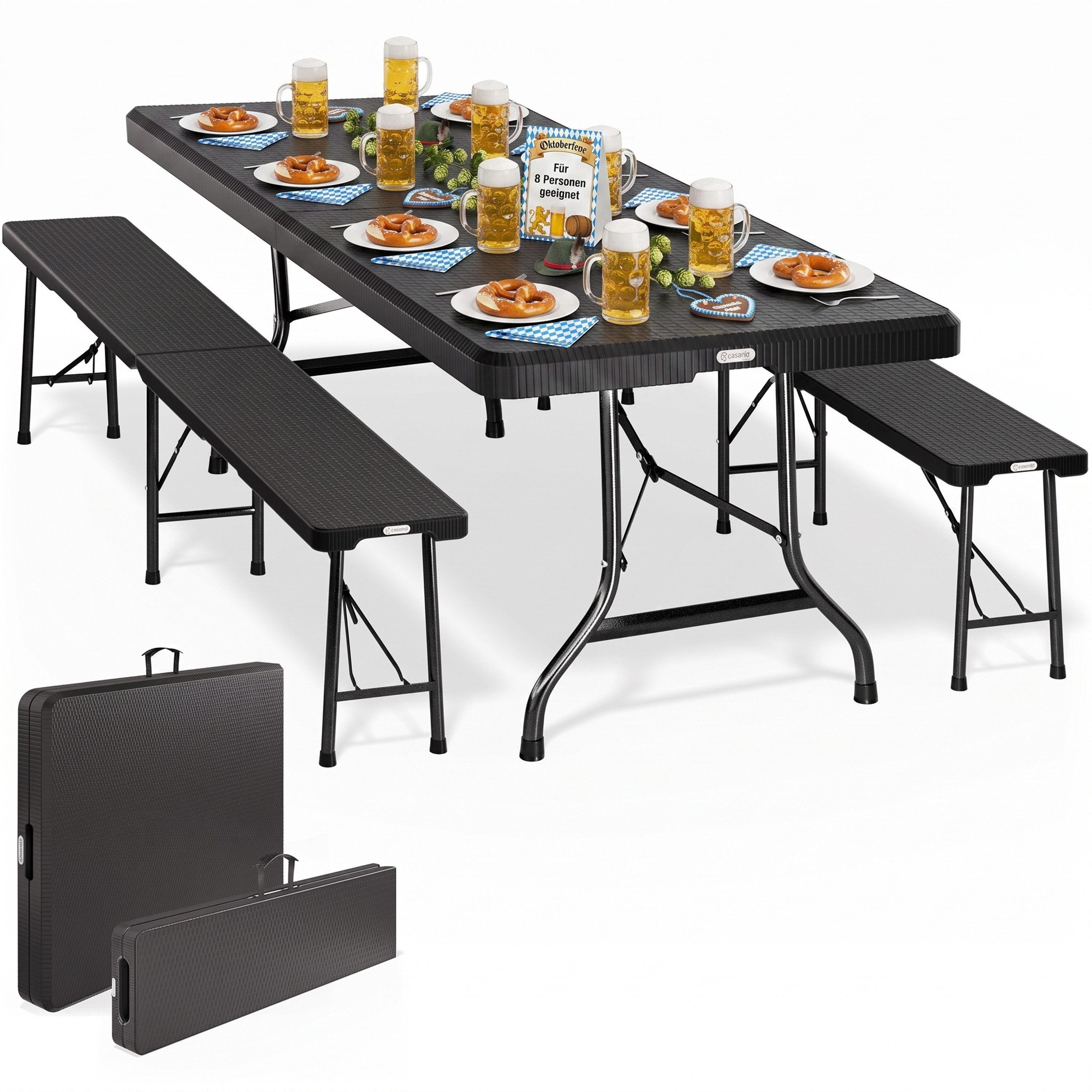 Casaria Bierzeltgarnitur Malmö, (3-tlg), 180 cm, 3-teilig für 8 Personen, klappbar, Kunststoff in Rattan-Optik