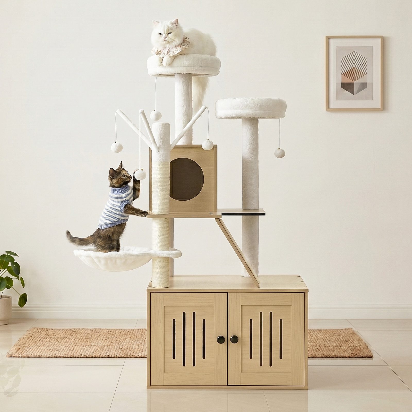 LALAHO Kratzbaum mit Katzenklo Schrank, 134,5 cm hoch, mit Liegemulde, Kratz Stämmen, Plüschbälle