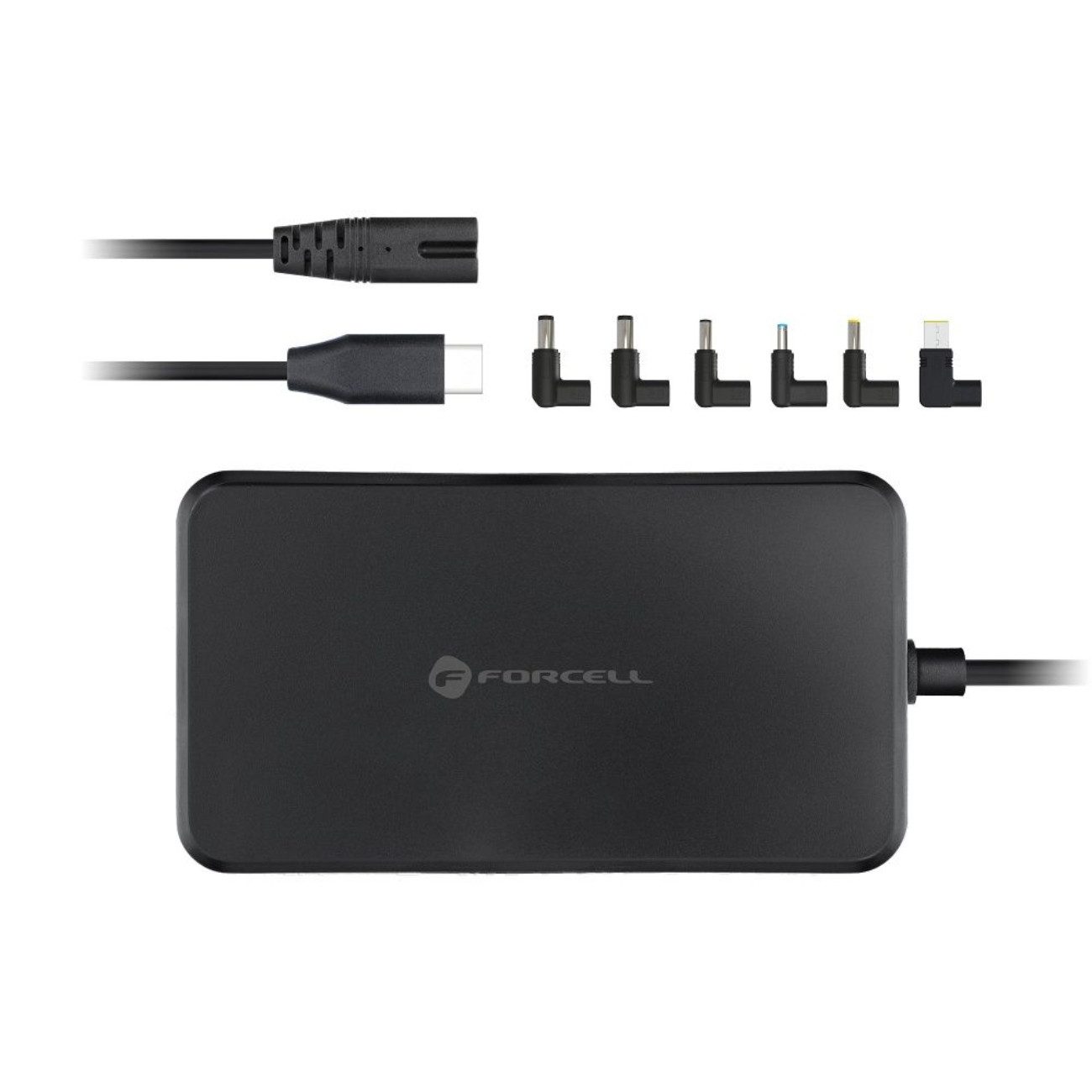 Forcell E856 Laptop-Ladegerät (4500 mA, 6 Adapter, festes USB-C-Kabel, Netzanschlusskabel, Power Delivery, 6 Adapter, 90 W, kompakt)