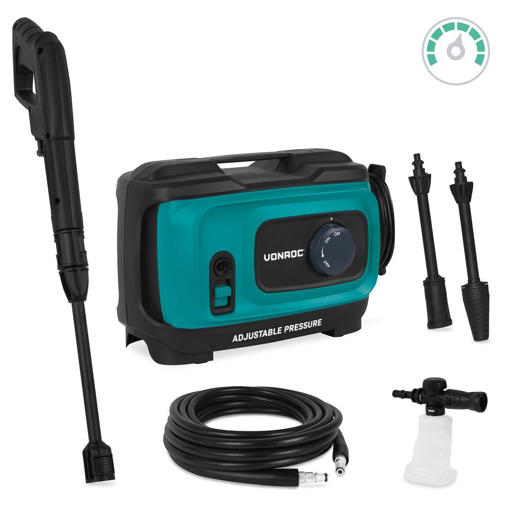 VONROC Hochdruckreiniger 1800W, Druck max: 140 bar, 1800 W, Fördermenge max: 420 l/h, mit Druckregler, 8 m Schlauch, inkl. Turbo-Düse & Zubehör-Set