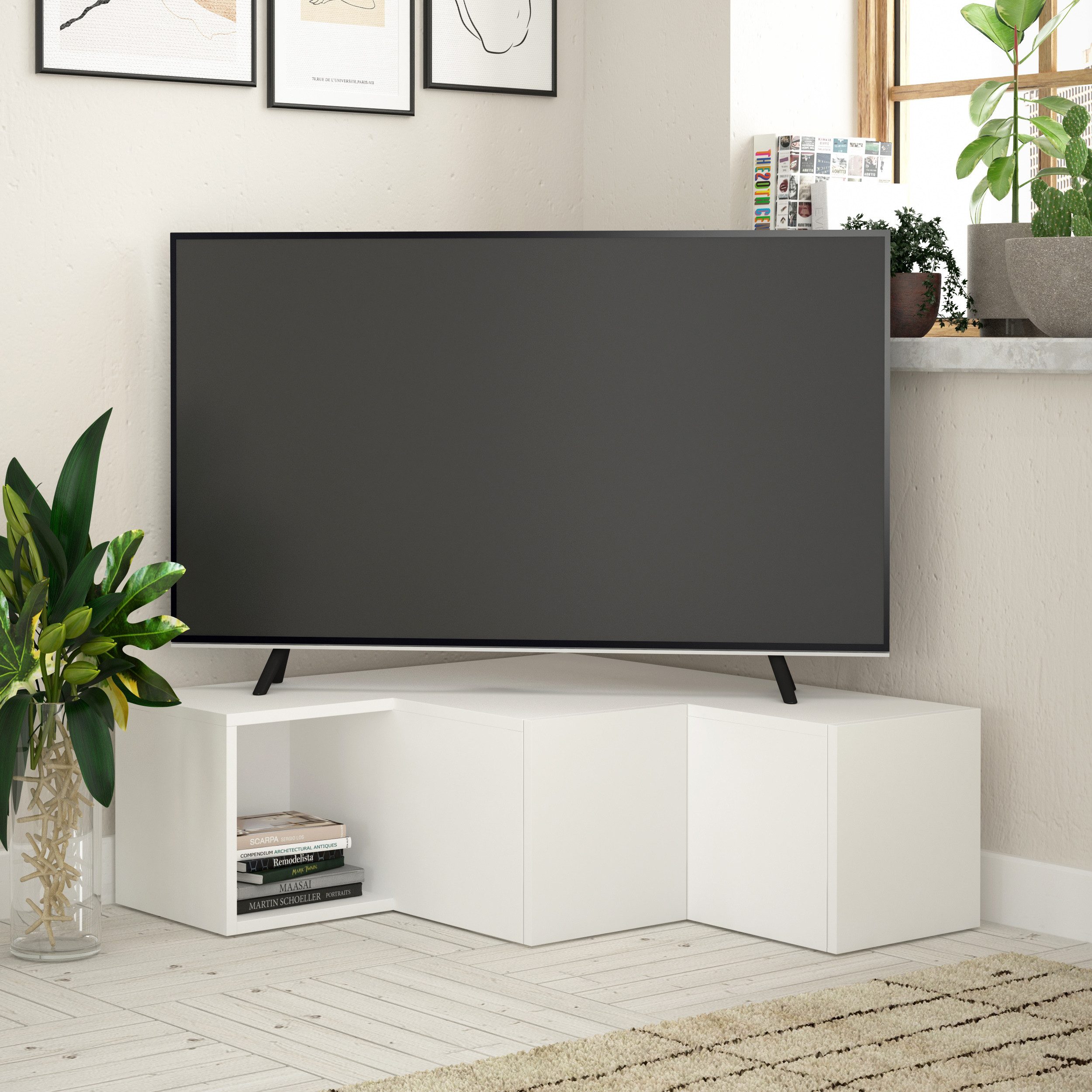 Decortie Schreibtisch Compact, Moderner TV-Ständer TV-Element Mit Wandregal, 90,6 x 94,2 x 31,4 cm
