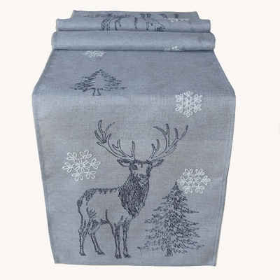 Raebel Tischläufer Stickerei Elch Bäume Schneesterne grau weiß Silber Weihnachten, bestickt