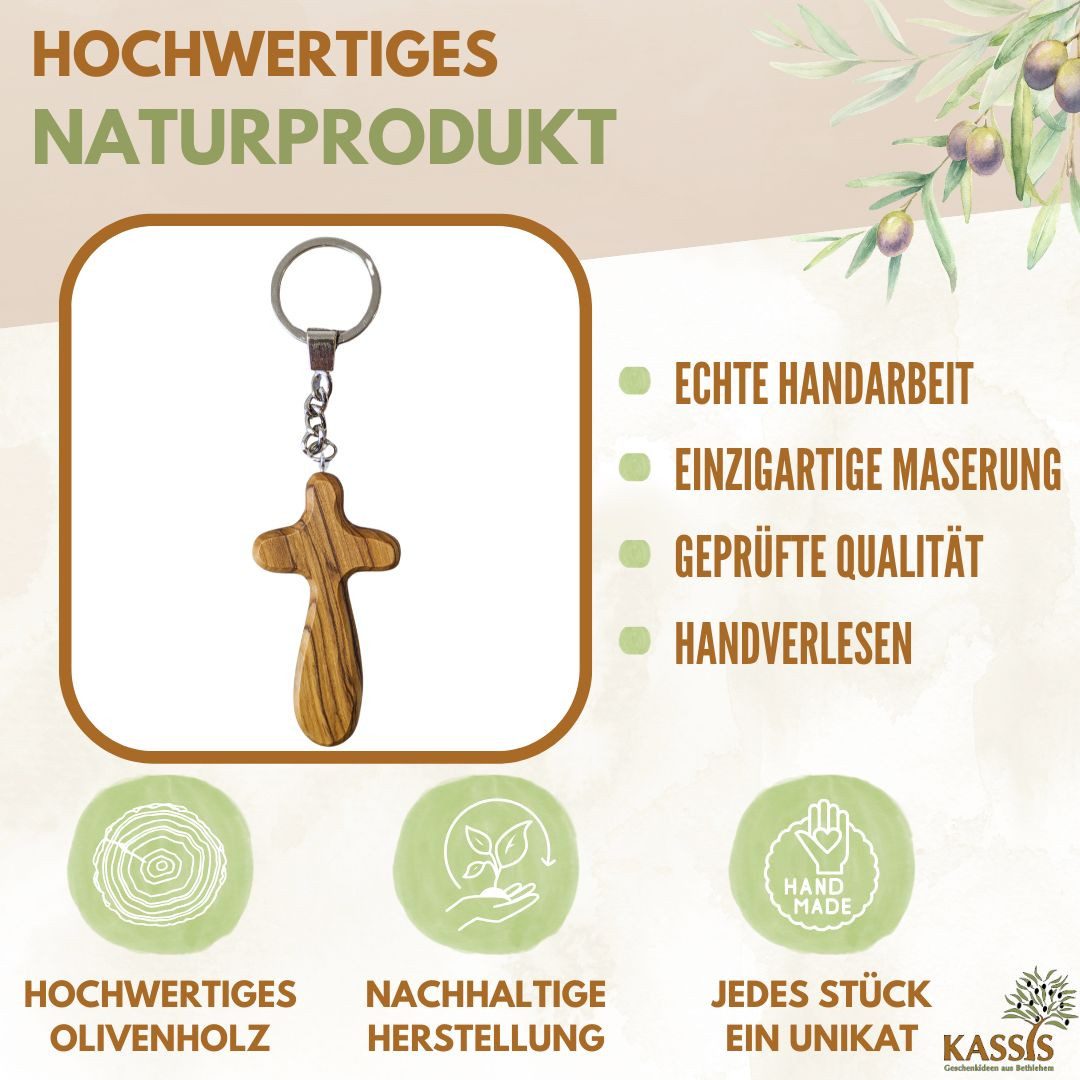 Kassis Geschenkartikel Schlüsselanhänger Kreuz Handschmeichler aus Olivenholz 7 cm Geschenk, Hergestellt in Bethlehem, Ideales Geschenk zu mehreren Anlässen