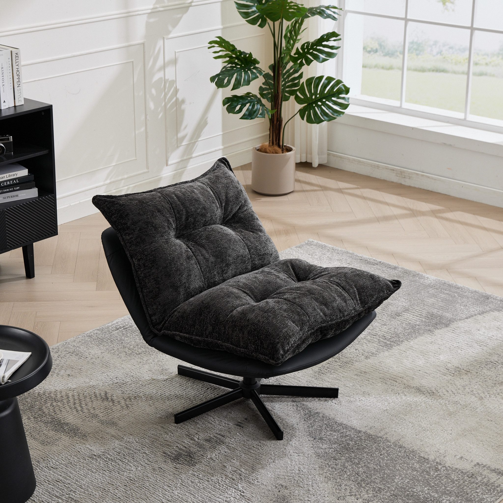 MC Star Relaxsessel Drehbarer Relaxsessel mit 3Fach verstellbarer Rückenlehne(95°110°125) (Schwarze Metallbeine, Cat-Scratch-Kunstleder, Chenille-Bezug & Memory-Foam-Füllung, 360°-Schwenkfunktion in dunkelgrau)