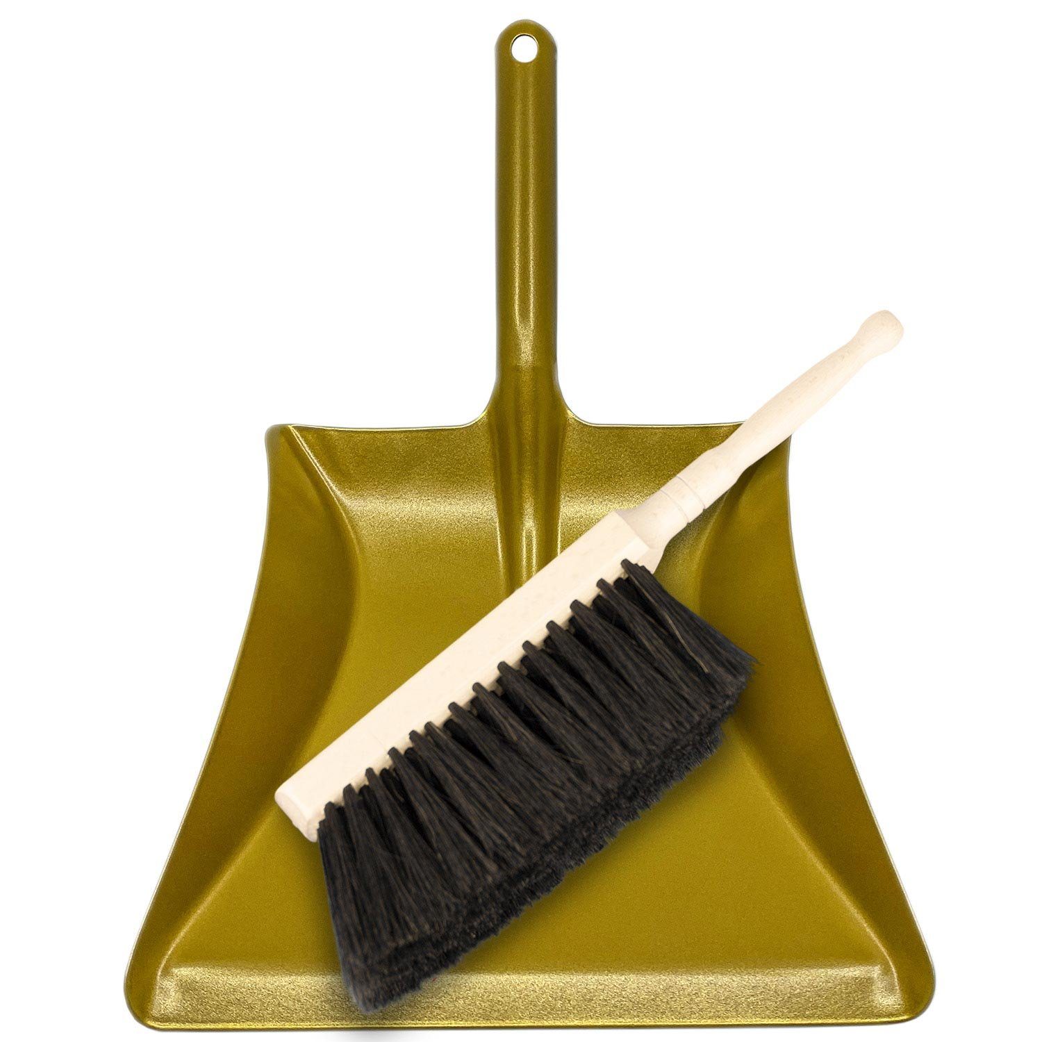 Landshop24 Kehrgarnitur Kehrset Handfeger Rosshaar + Kehrschaufel Metall Brilliantgold, Fliesen, Laminat, Beton, Pflaster, Vinylboden, Linoleum, (Spar-Set, 2-tlg), verantwortungsvoll, kein Plastik