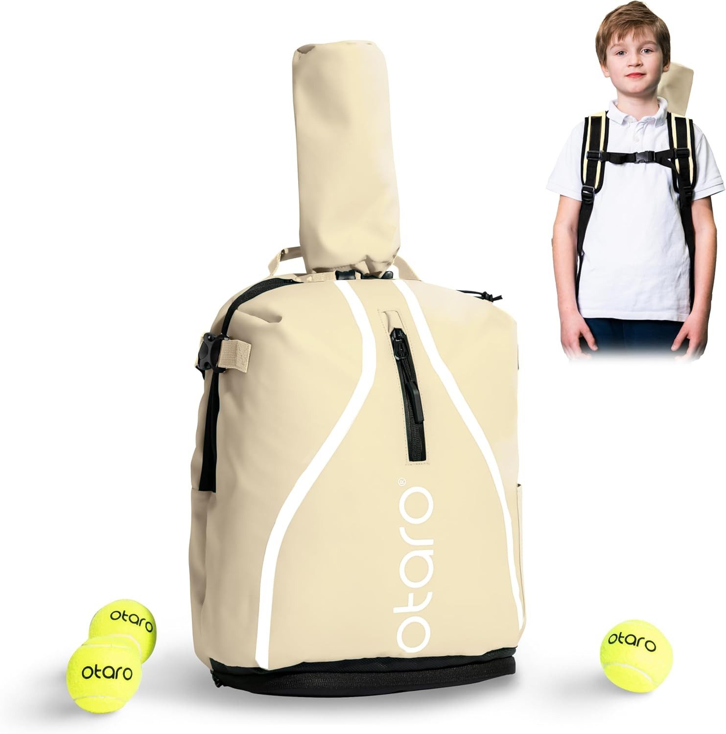 Otaro Tennisrucksack Kinder, 19L, Tennistasche Kinder für 5–11 Jahre (Leicht, kompakt und reflektierend, mit Schlägerfach, Schuhfach & Getränkehalter), wasserabweisender Rucksack für Mädchen & Jungen