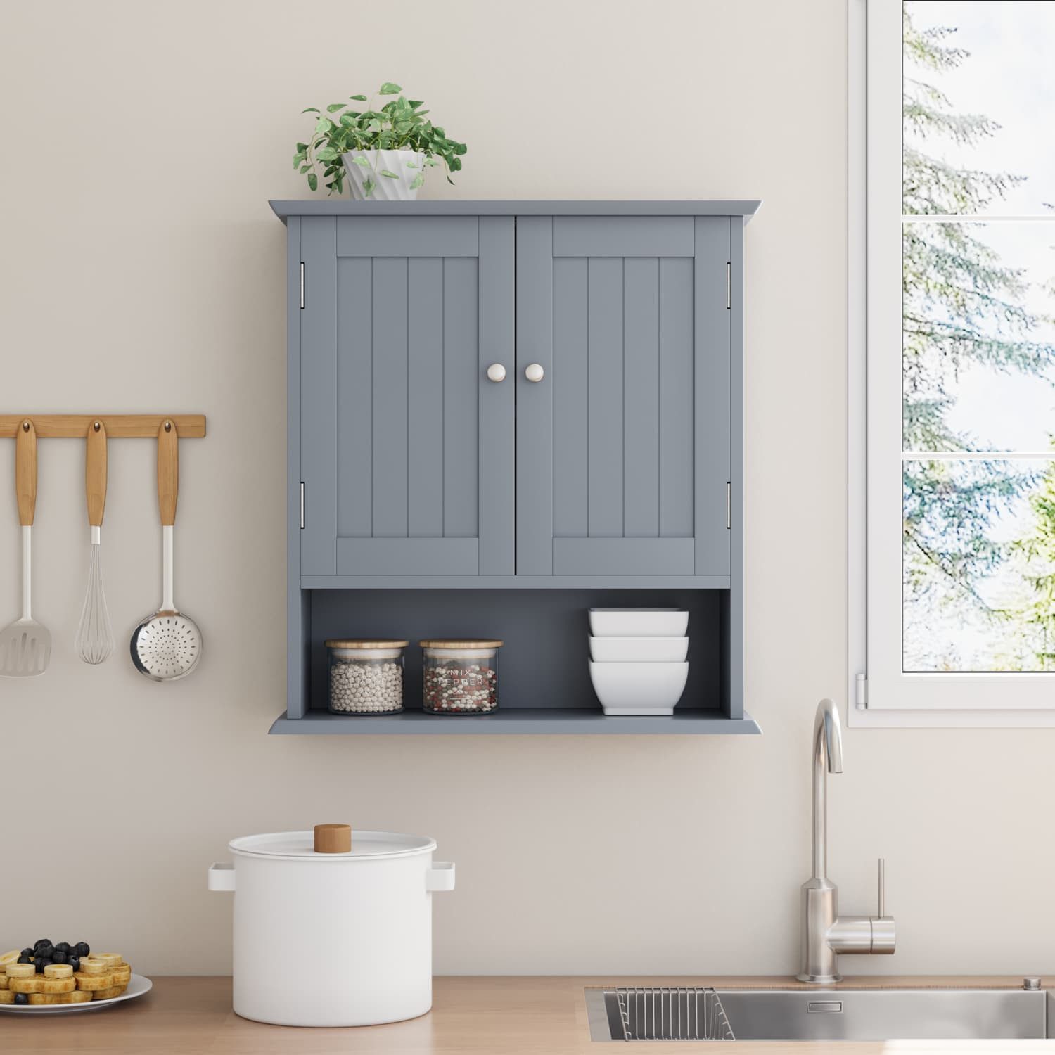 ANYSUN Hängeschrank Wandschrank mit Türen,Stauraum,Bad-Hängeschrank für Wäsche,Badezimmer Wäschekommode mit Wechselbare Trennwand,Drahtziehknopf,55x20x60cm
