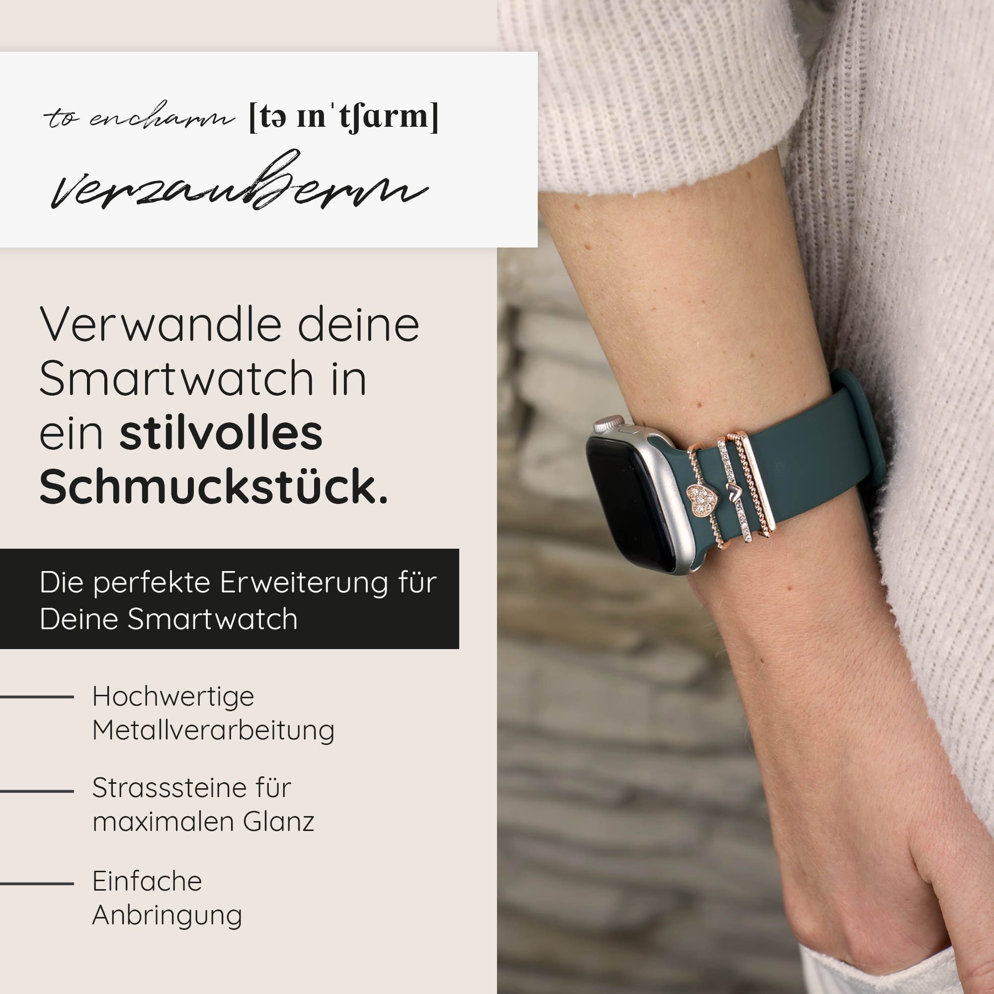 ARTVALL Smartwatch-Armband Apple Watch Charms Set 38/40/41mm & 42/44/45/49mm, Watch Band Charms Herzen mit Strasssteine Rosegold