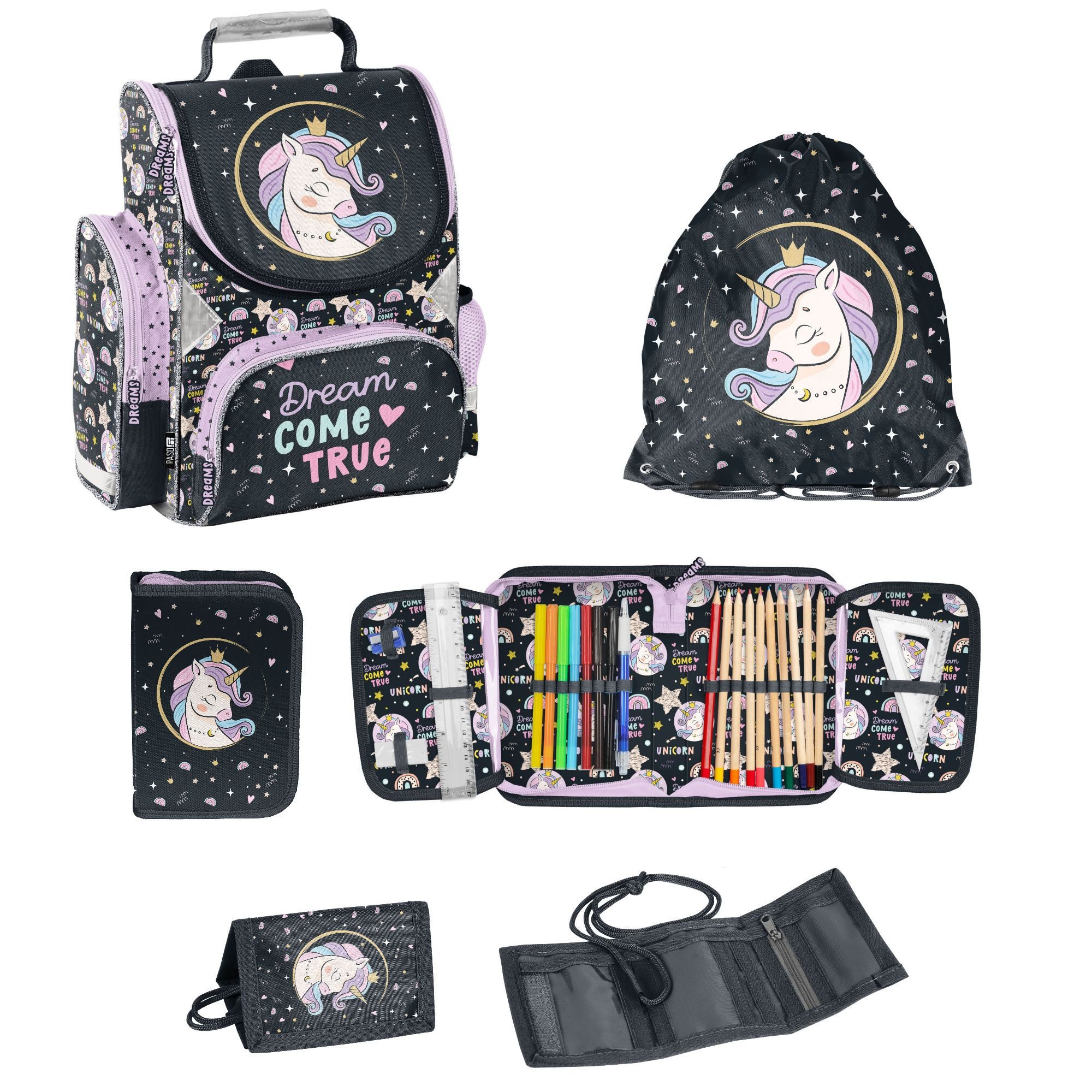 PASO Schulranzen (Set, 4-Tlg), Mit Turnbeutel, Federmappe & Portemonnaie - Unicorn - Schwarz