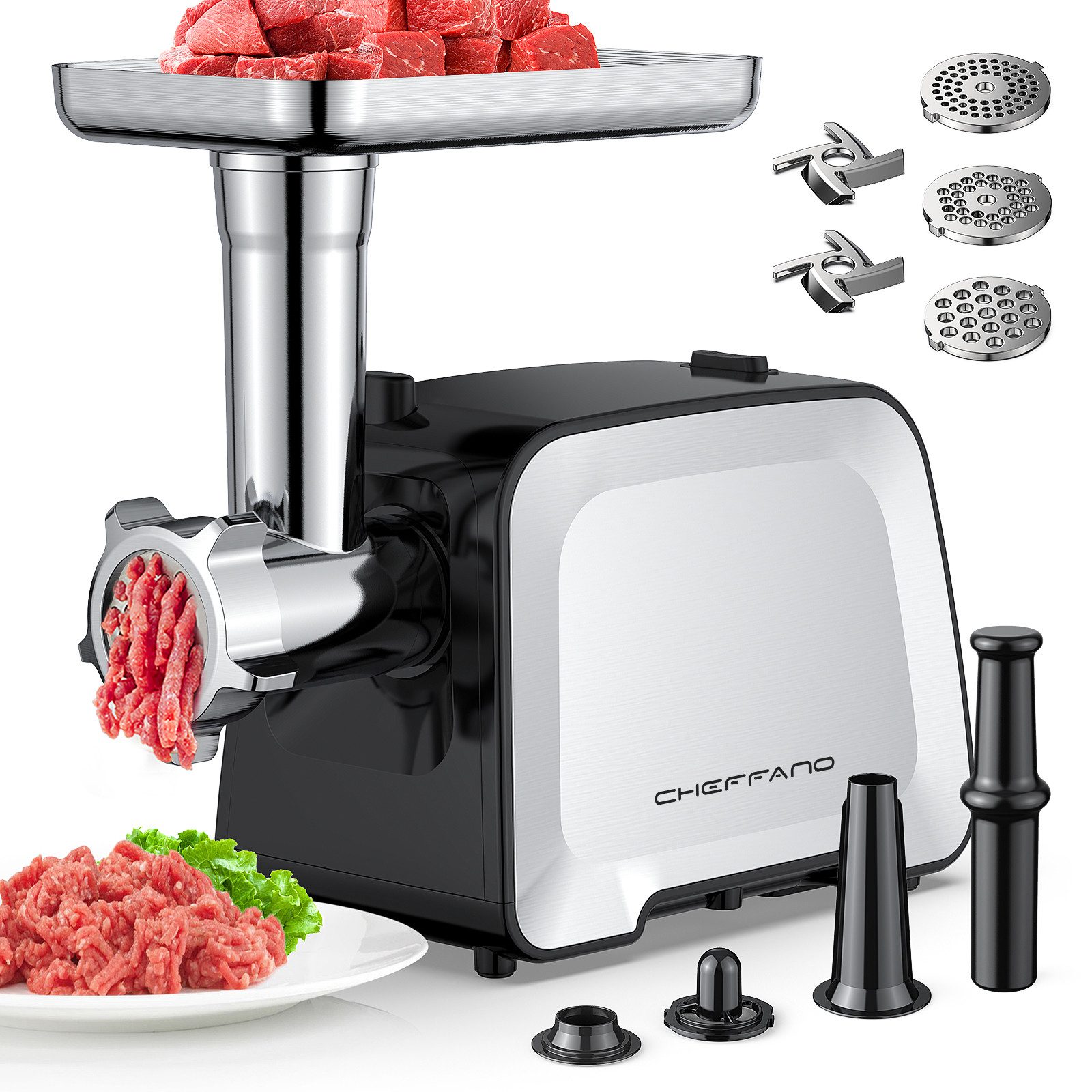 CHEFFANO Fleischwolf Elektrischer Fleischwolf, 2 Klingen, 3 Scheiben Wurstfüller & Kubbe, 300 W