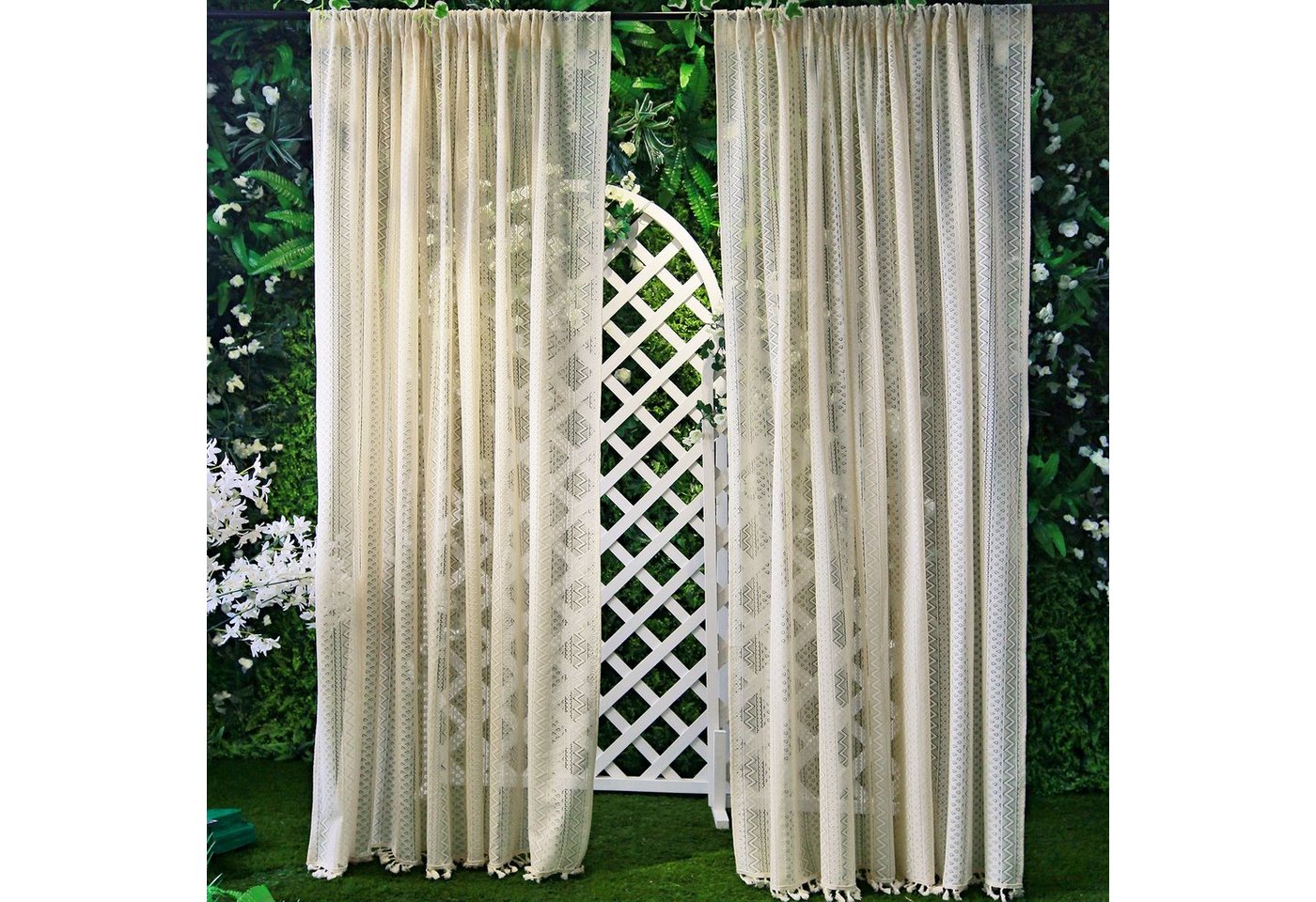 Qelus Gardine Vintage Voile Gardinen mit Quasten Stangendurchzug (2 St), Creme halbtransparent für Wohnzimmer und Schlafzimmer
