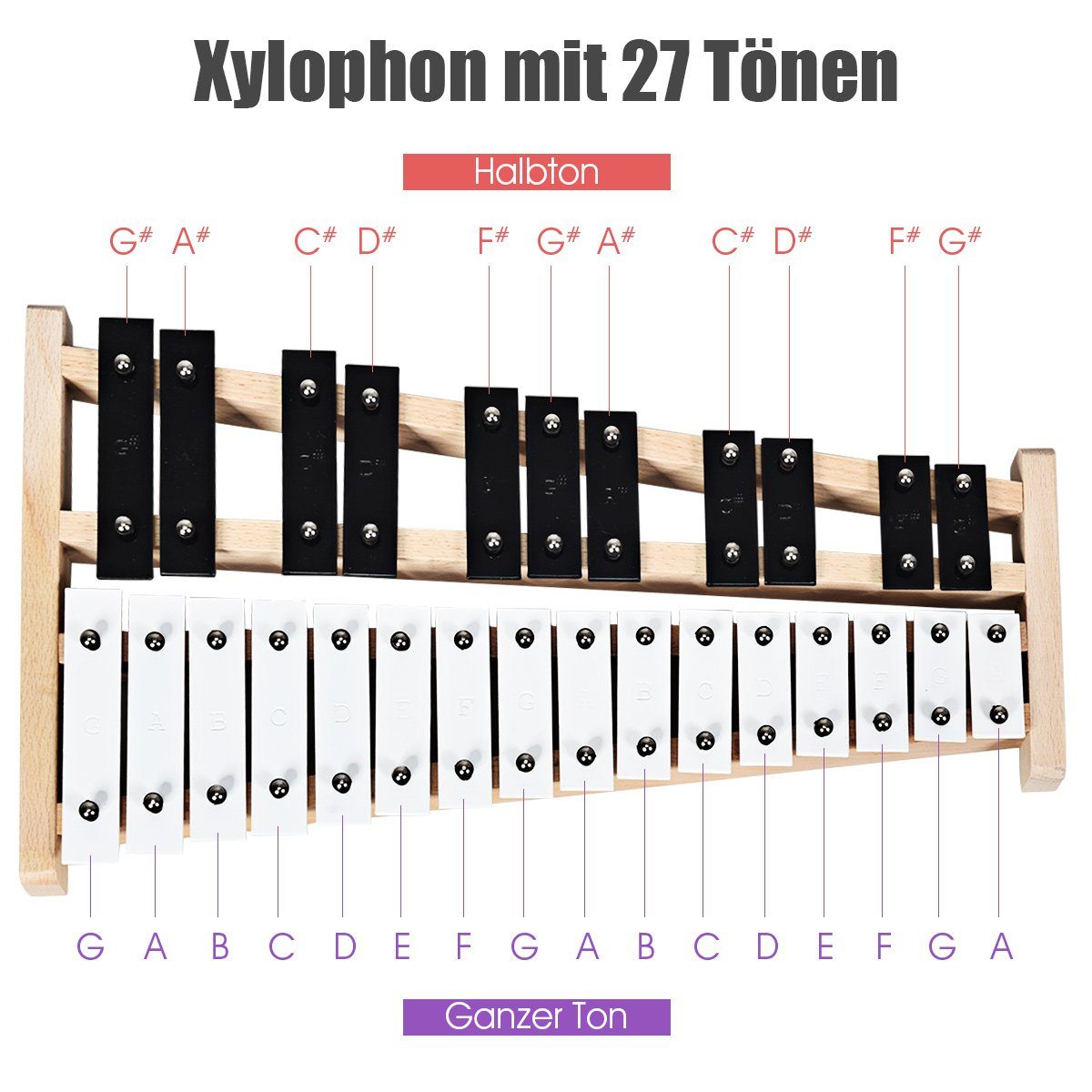 COSTWAY Xylophon 27 Noten Glockenspiel, mit 2 Schlägeln & Tragetasche