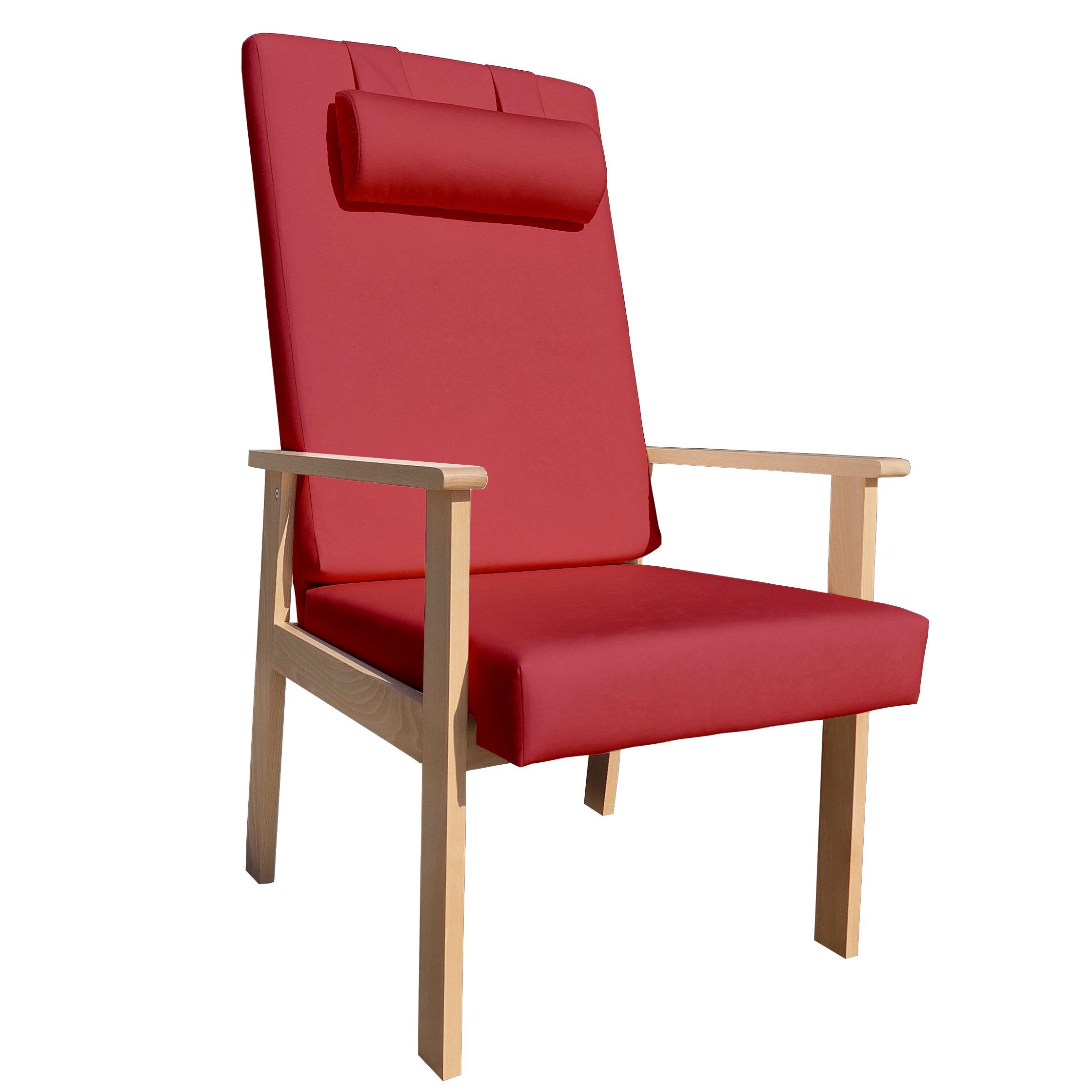 einrichtungsdesign24 Esszimmersessel Wohnzimmer Esszimmersessel Seniorensessel Alexandra Armlehnensessel (Esszimmersessel ohne Hocker), verstellbare Nackenrolle, Kunststoffbodengleiter, Massivholzgestell Clean-Stoff Como Rot