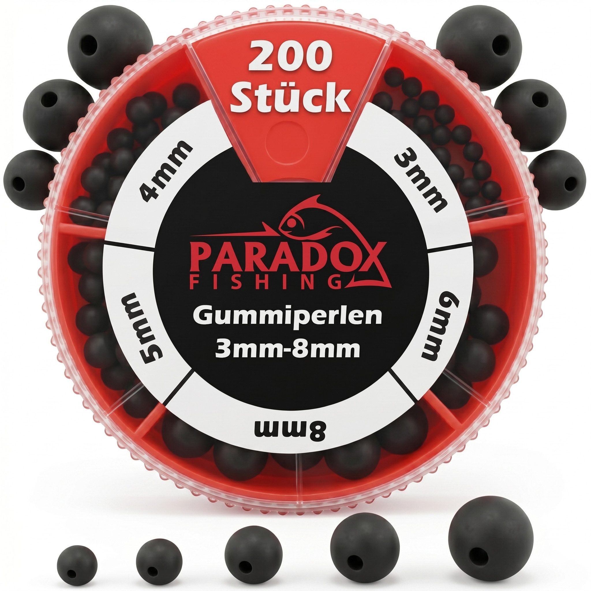 Paradox Fishing Schnurstopper Gummiperlen Set 3mm-8mm 200 Stück, (200-St), Knotenschutz, langlebig, 200 Perlen