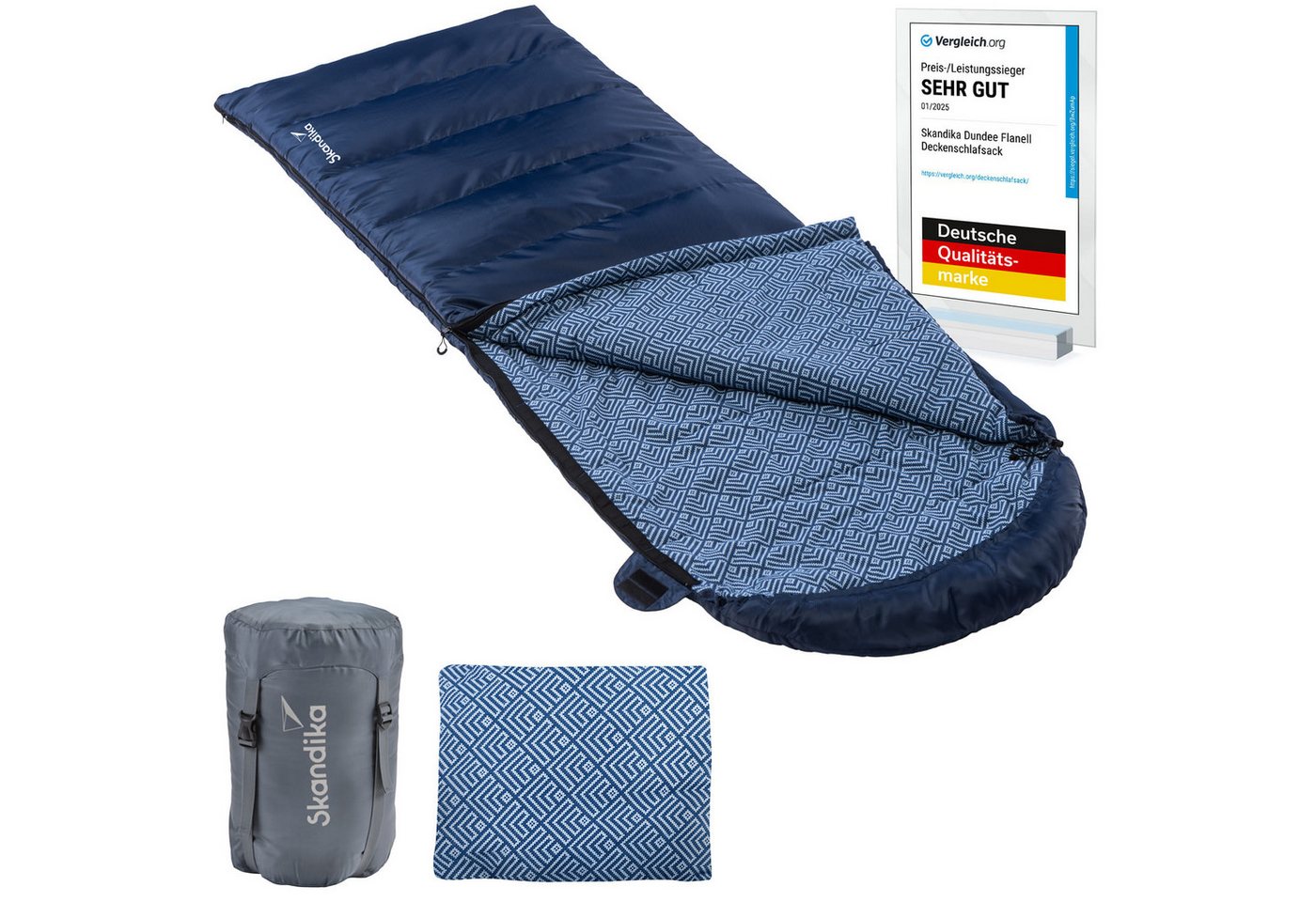 Skandika Schlafsack Dundee + Kopfkissen, 3 Jahreszeiten, bis -20°C - 220x80cm, Koppelbar (Innentasche mit Klett, Koppelbar, Kapuze/Kopfteil mit Kordel), Innenfutter aus Baumwolle/Flanell, Kompressionssack, Waschbar