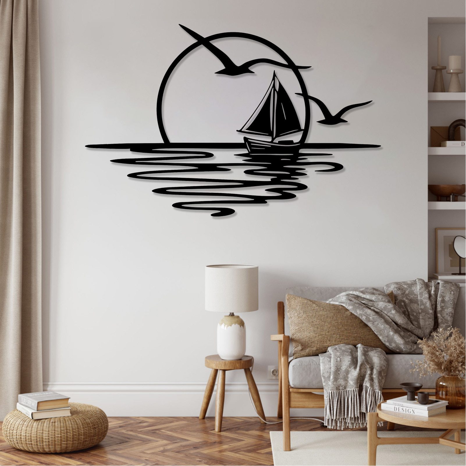 Jumpeak Wanddekoobjekt Wanddeko mit Segelbooten und Möwen,Sonnenaufgang,Sonne,Meer,Seefahrt, Metall,4 Farben,4 Maße,Wasserwellen, Strichkunst,Natürliche Atmosphäre