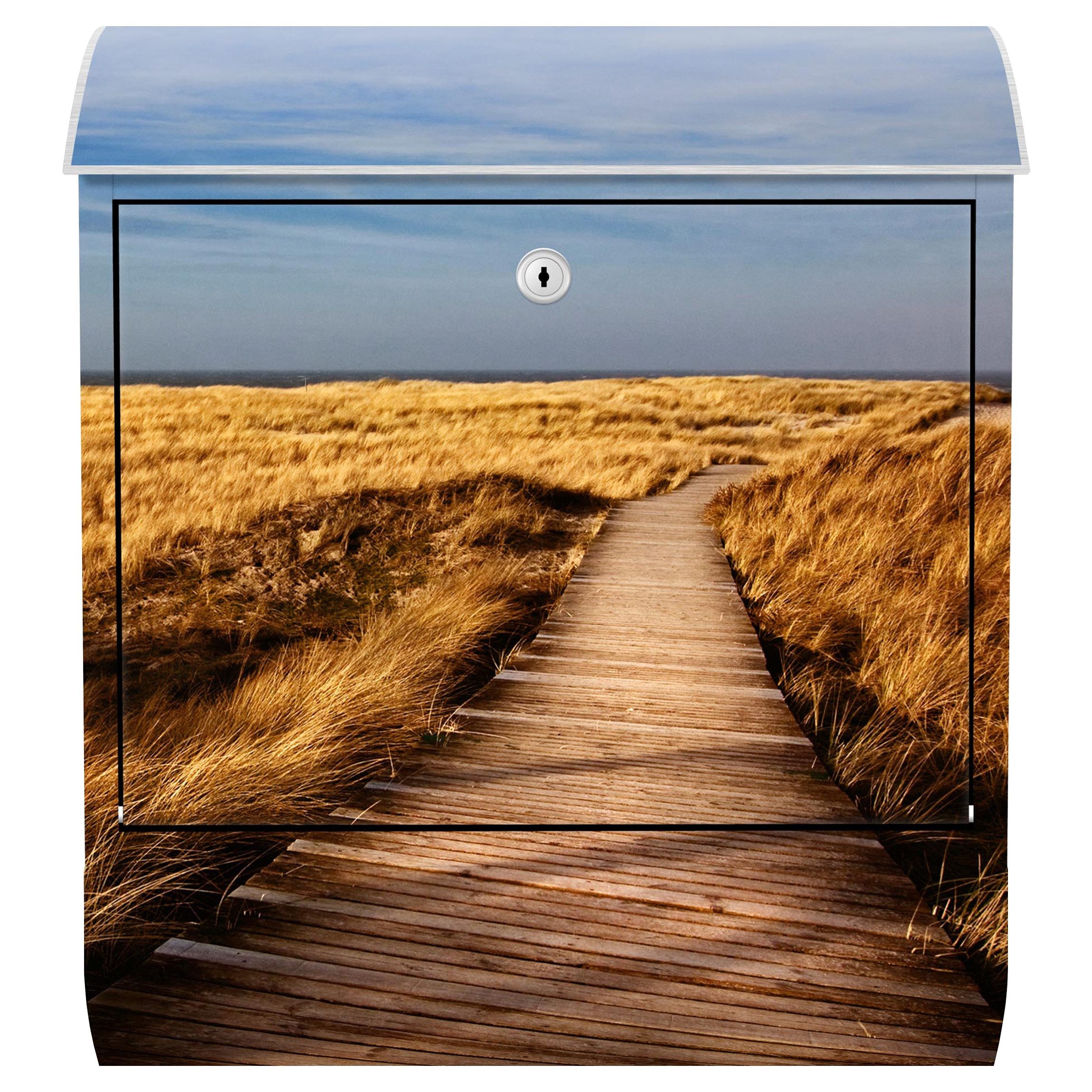 Bilderdepot24 Briefkasten Wandbriefkasten mit Zeitungsfach Motiv Dünenweg auf Sylt (inkl. Zeitungsrolle und 3 Schlüssel), Motivdruck, wetterfest, UV-beständig, abschließbar, 46x39x13 cm