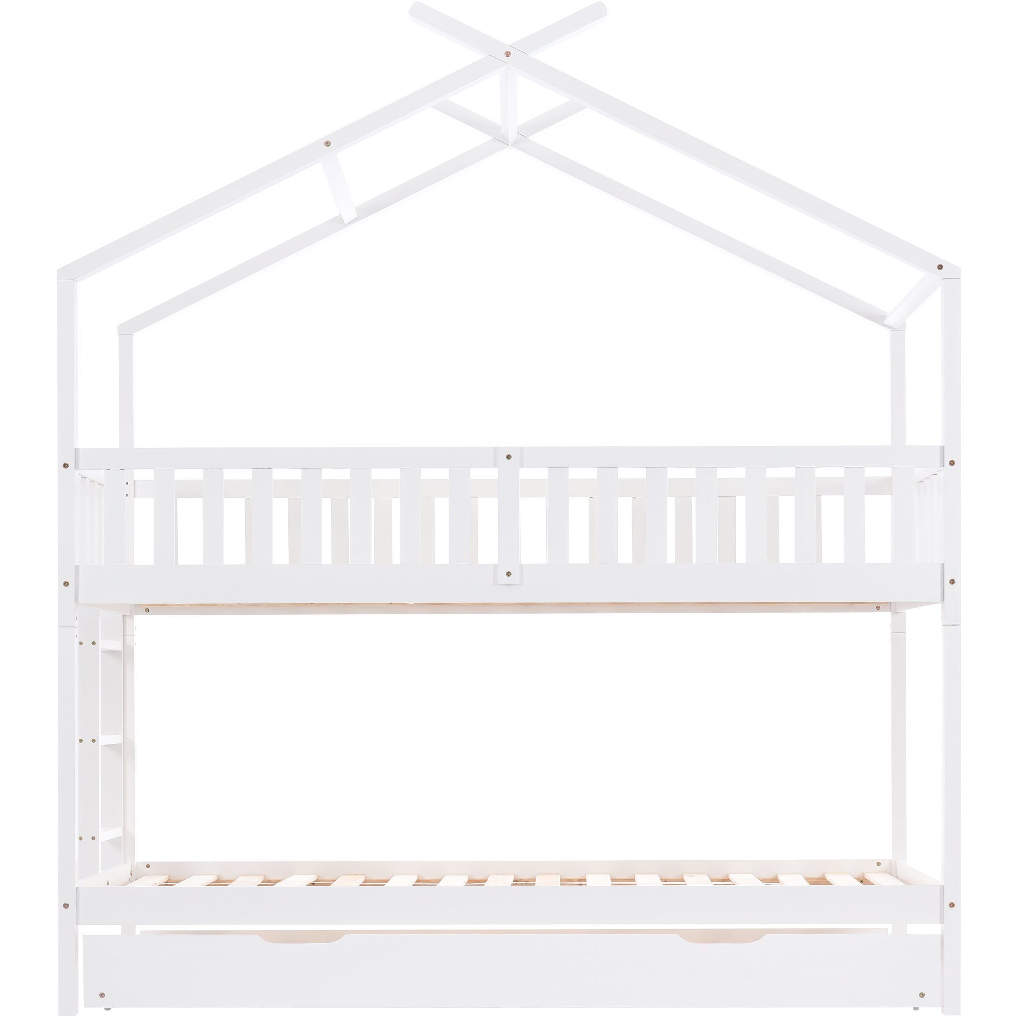 Etagenbett (Etagenbett, Hochbett Hausbett mit Rausfallschutz und Lattenrost), Kinderbett 90x200 cm mit Ausziehbett 90x190 cm, Kiefer, 3 Liegefläche