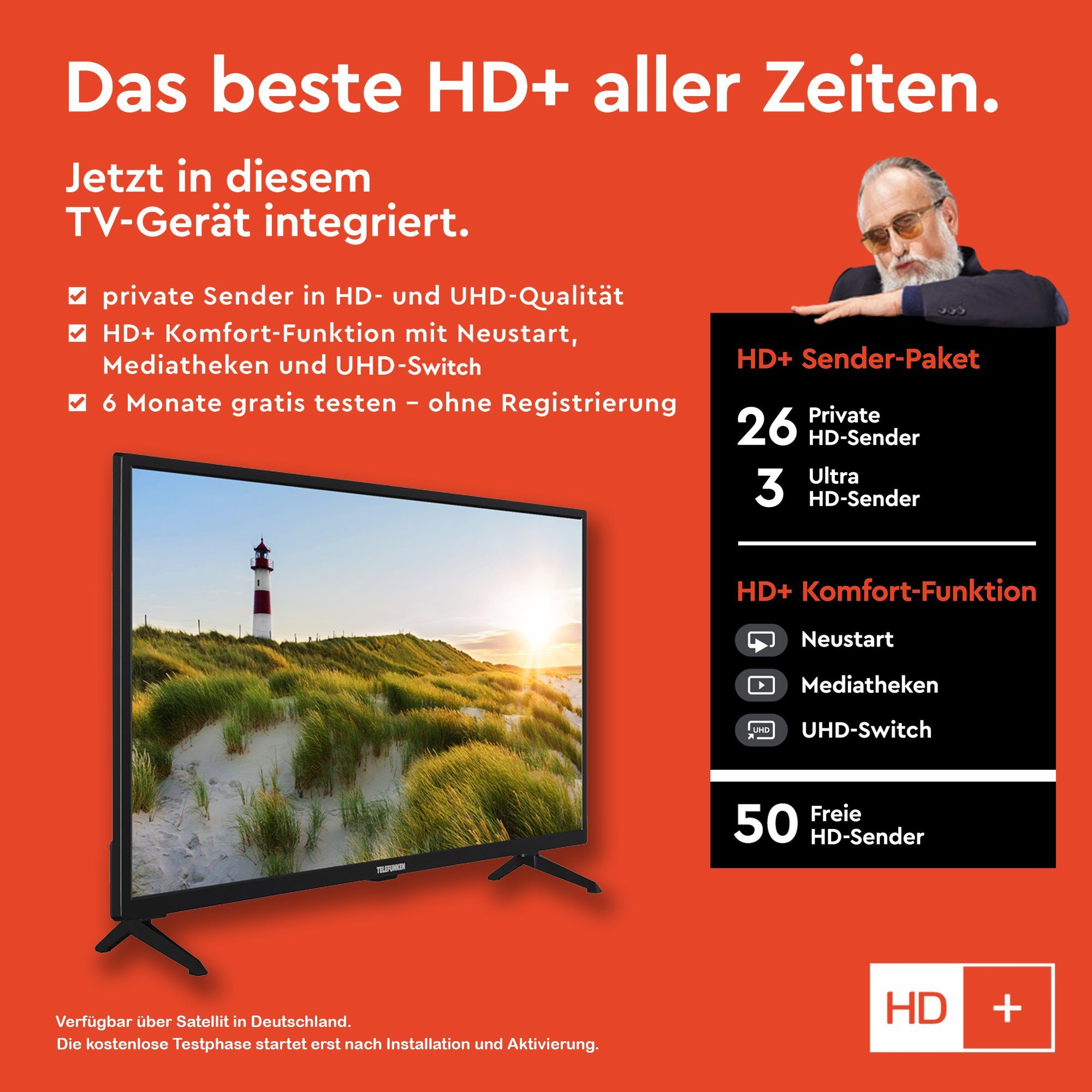 Monate Zoll, Audio, Dolby gratis) HDR10, 6 Smart cm/32 (80 Telefunken Fernseher Triple-Tuner, HD-ready, TV, LCD-LED D32H550X1CWT HD+