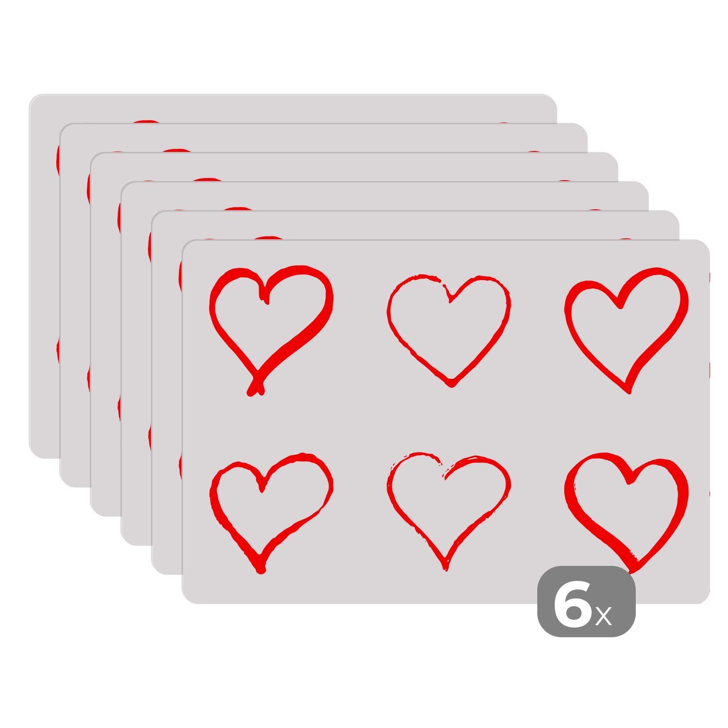 (6-St), MuchoWow, Herzen, mit Eine Illustration Platzset, Platzset, roten Schmutzabweisend Platzmatte, sechs Tischmatten, Platzdecken,