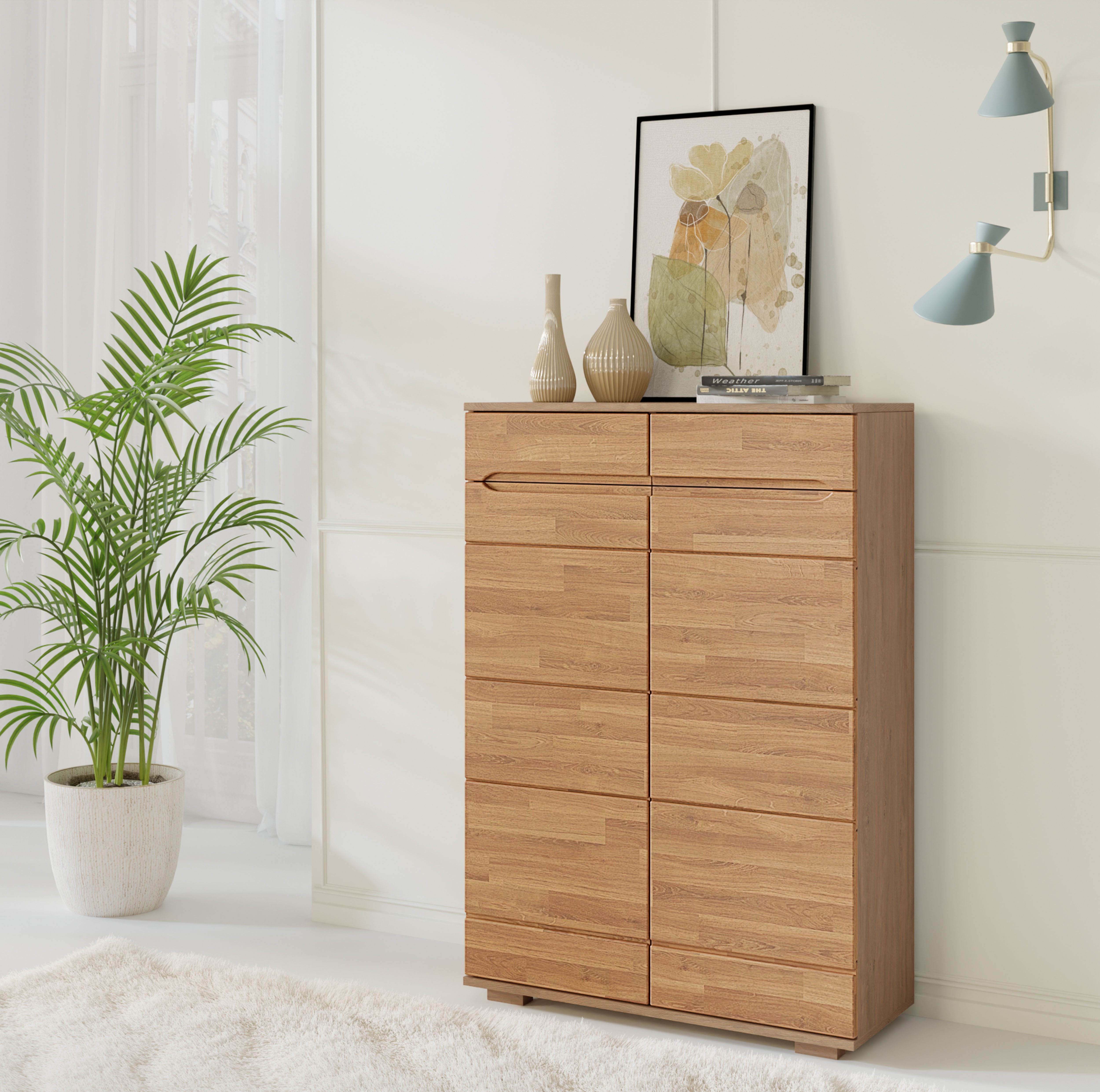 Home affaire Schuhschrank VETRO Mehrzweckschrank mit 5Fächern und 2 Softclose Schubladen Eiche B/T/H:100/40/145cm, Fronten Massivholz,Kopus Melamin,Griffmulden