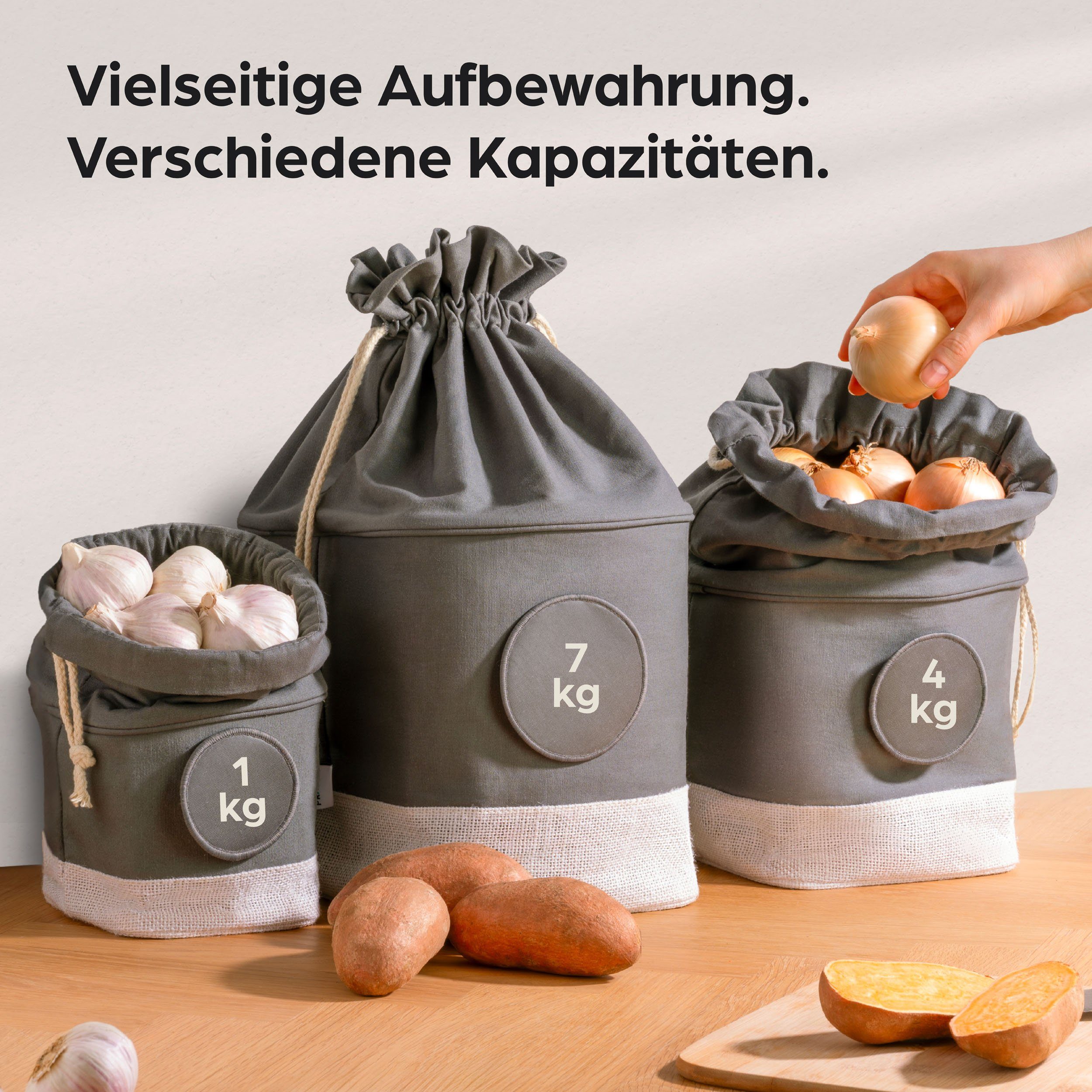 Praknu Gemüsebeutel Kartoffeln Aufbewahrung im Sack, Baumwolle, Jute, (Set, 3-tlg), Atmungsaktiver und langlebiger Stoff – inklusive Etiketten und Stift