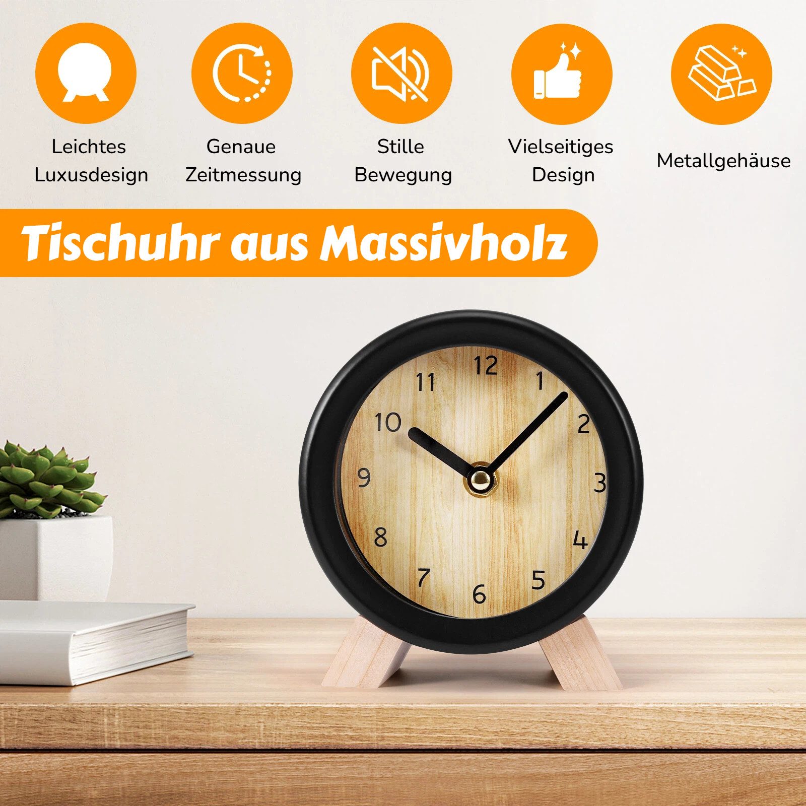 BlingBin Standuhr Analog Tischuhr Rund Aus Holz und Metall - 12,5 x 5,2 x 14cm (1er Set, 1-St., 1 Stück), Deko Tisch Uhr Ohne Ticken mit Holz Ziffernblatt für Schlafzimmer