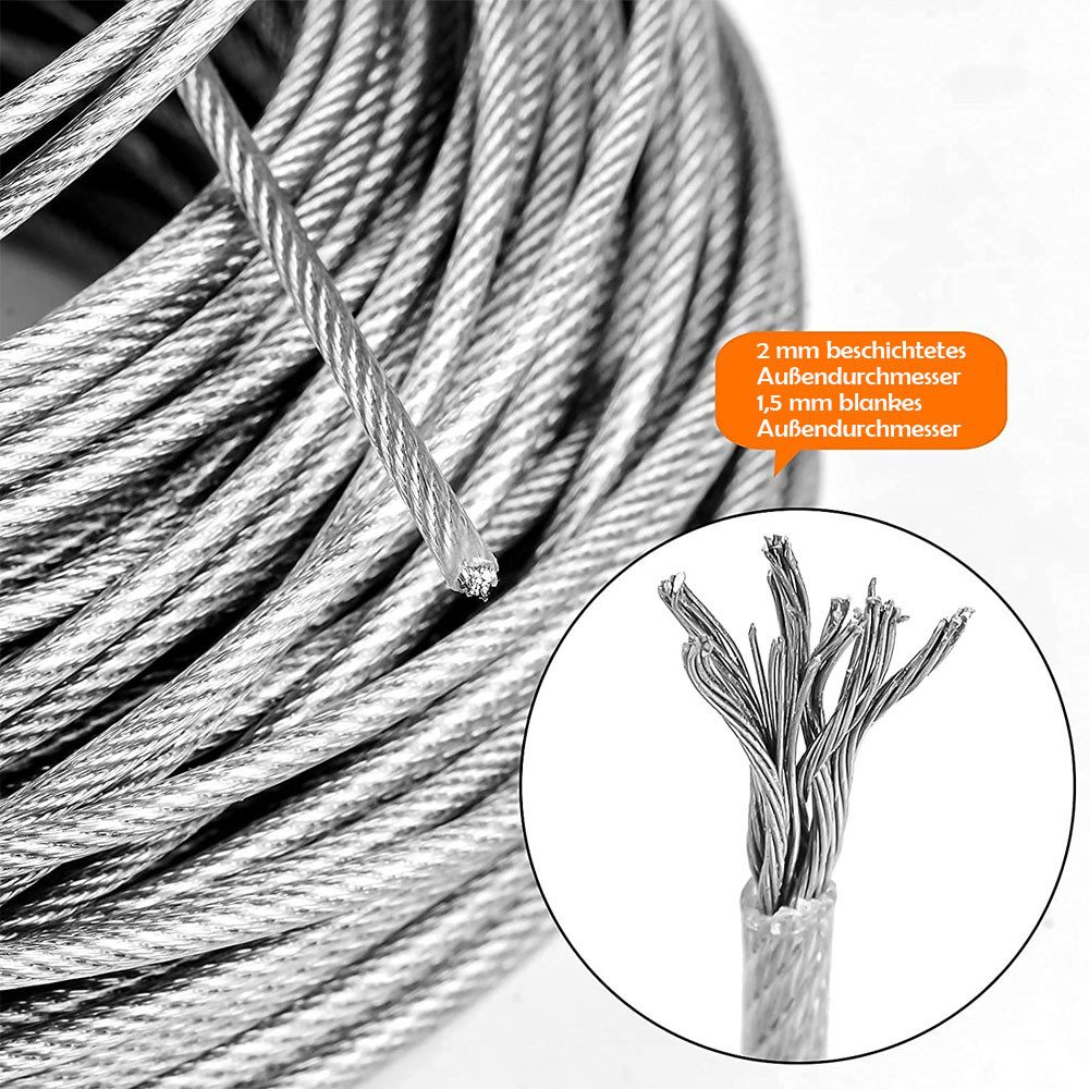 TUWENA Drahtseil Edelstahl 30m Seilspanngarnitur mit Ösen 56Pcs Stahlseil Kit Drahtseil, Für Light Suspension Zelte, Wäscheleine, Gardinenseil, Kletterpflanzen