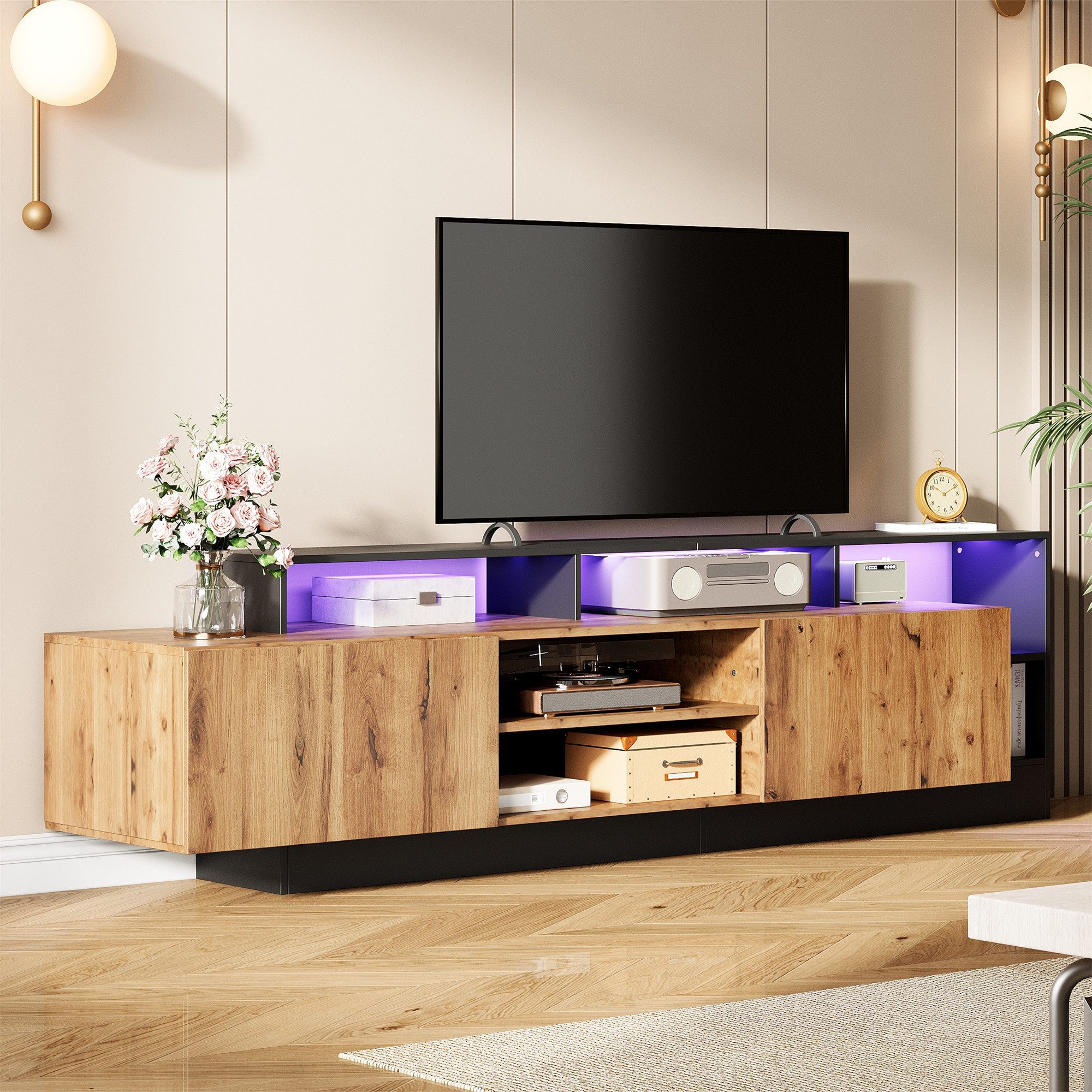 Merax Lowboard hochglanz Fernsehschrank mit LED-Beleuchtung (1 St), TV-Schrank mit 2 Klapptüren, Staufächern & Stauraum, 190×40×48,5cm