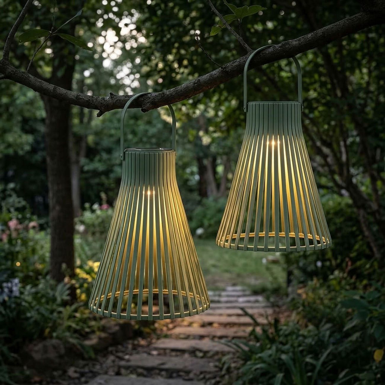 shop'n smile ideoon LED Laterne LED Solar Laterne Außen Gartenlaterne Balkon Solarlampe IP44 Grün, LED fest integriert, warmweiß, Ø20xH24,5 cm, mit Lamellen-Design & Henkel
