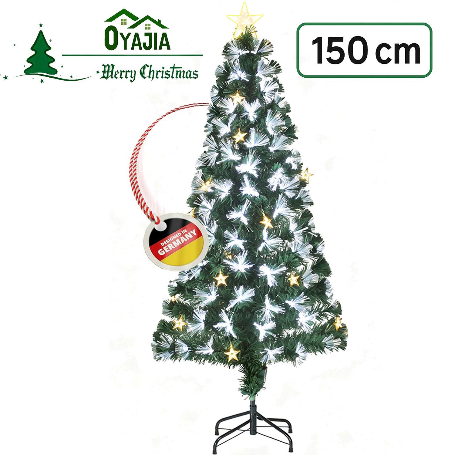 oyajia Künstlicher Weihnachtsbaum Künstlicher Weihnachtsbaum Glasfaser mit 5-Zackigem Sternlicht, Christbaum Künstlich, 170 Zweige, 24 LED-Warmlicht Sternenlichtern, 8 Lichtmodi, Metallfuß