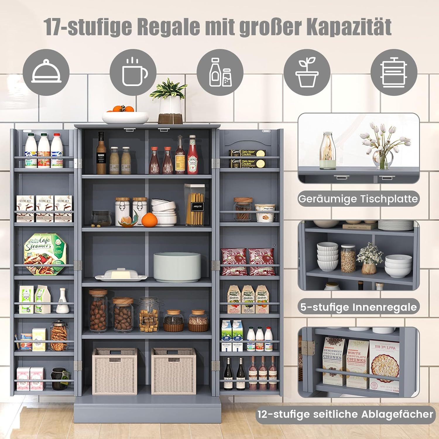 KOMFOTTEU Vorratsschrank Küchenschrank mit Türen,verstellbaren Regalen & Metallgriffen