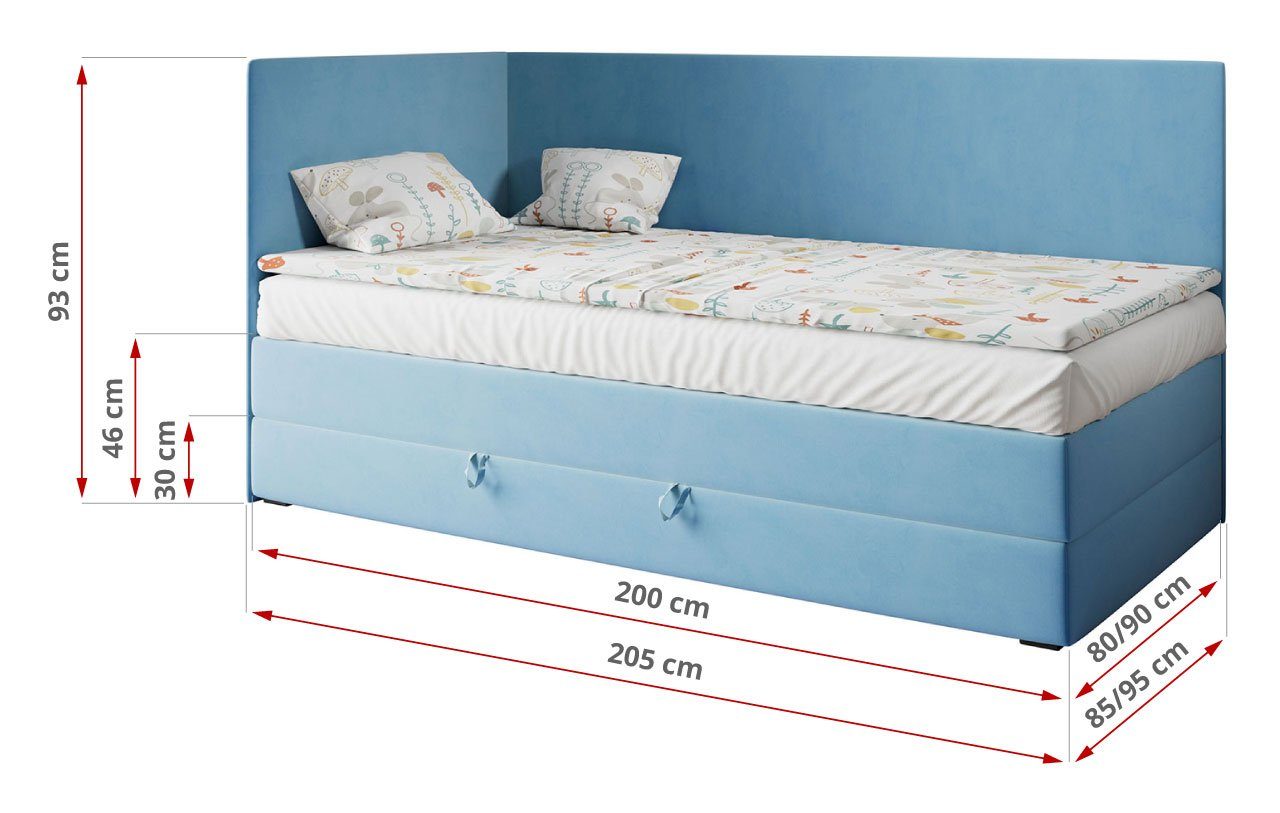- 90x200, MKS Kinderbett Blau 3, Kinderzimmer mit KUBUS für Boxspringbett Polsterbetten MÖBEL Matratze