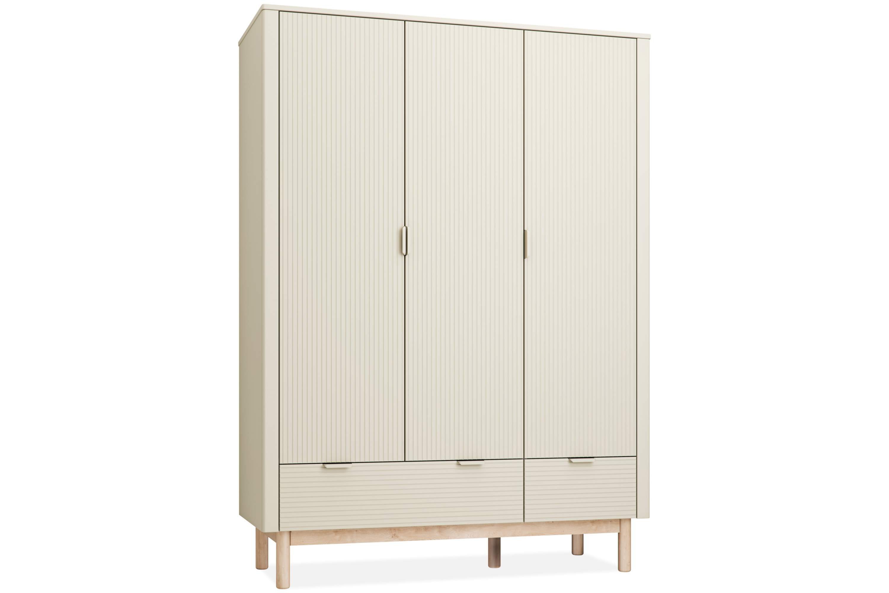 KONSIMO® Kinderkleiderschrank LOTTI Drehtürenschrank, hergestellt in der EU, mit Stange, mit 6 Einlegeböden, 3-türig, geriffelte Möbelfront