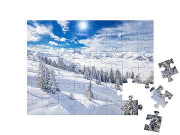 puzzleYOU Puzzle Bäume bedeckt mit frischem Schnee in den Alpen, 48 Puzzleteile, puzzleYOU-Kollektionen Österreich, Jahreszeiten