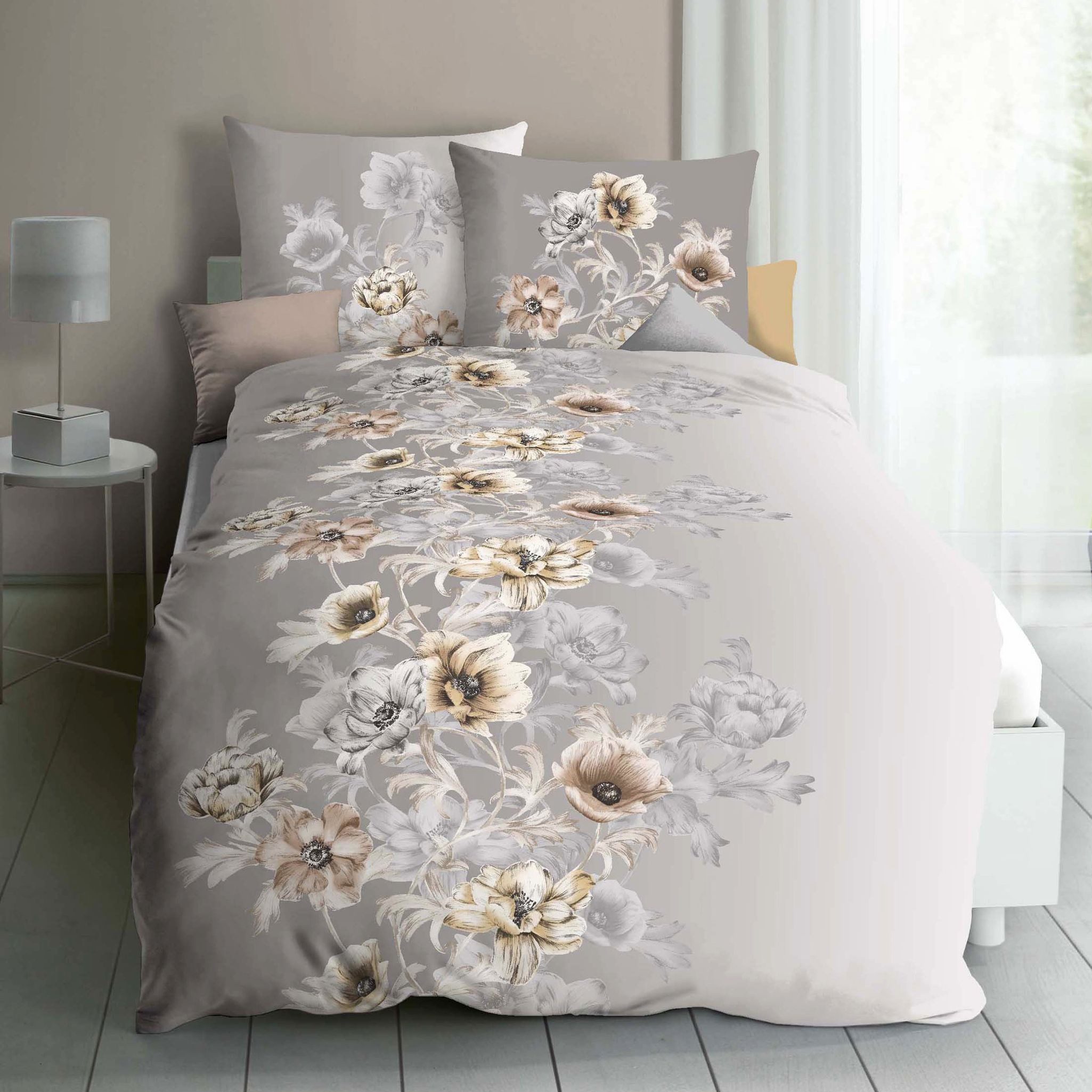 Kaeppel Bettwäsche 135x200cm Victoria Blumen Kiesel Grau, Biber, 2 teilig, günstig online kaufen