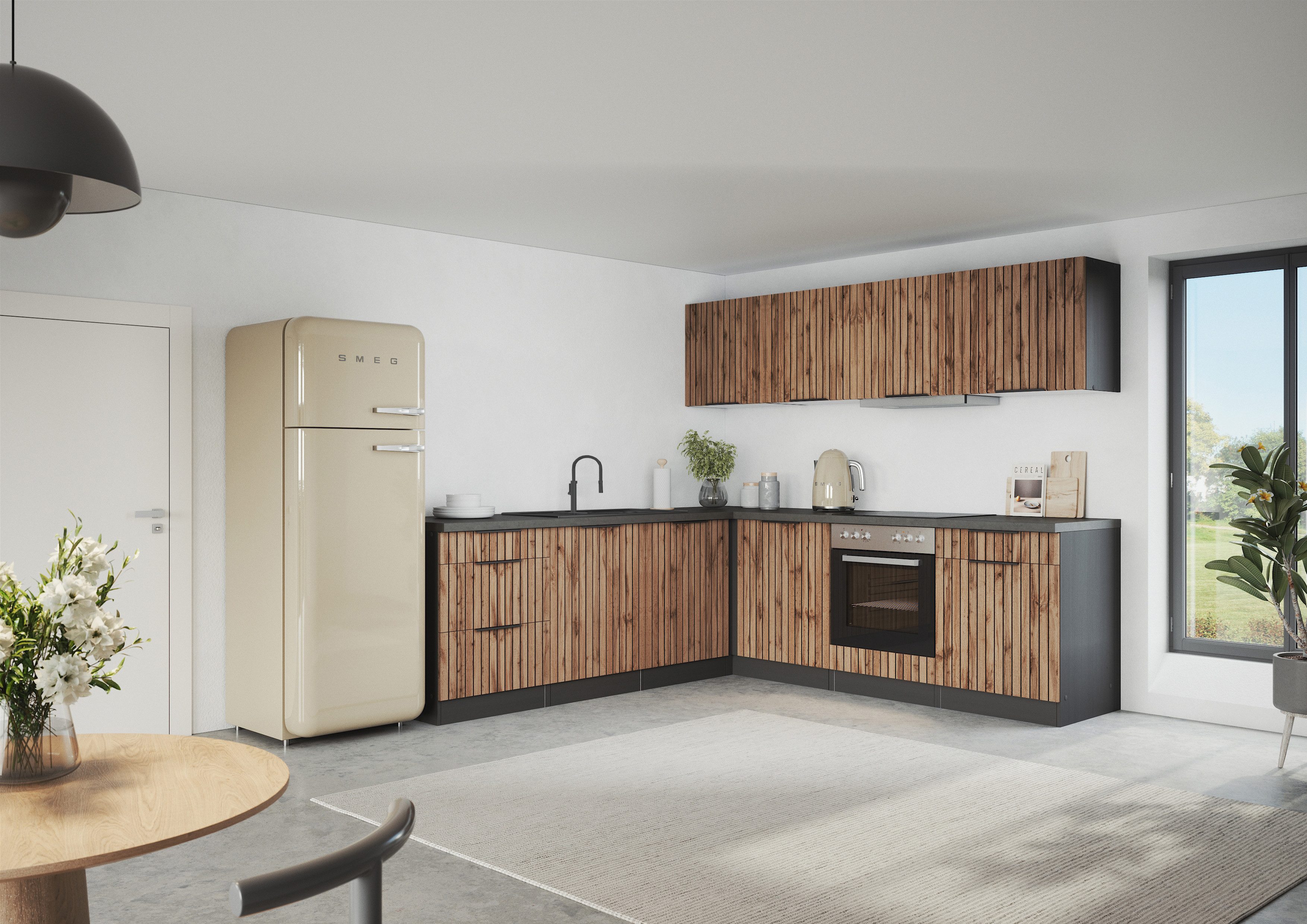 KOCHSTATION Winkelküche KS-Lagos, Stellbreite 240/240 cm, wahlweise mit E-Geräten und Spüle edelstahl oder schwarz