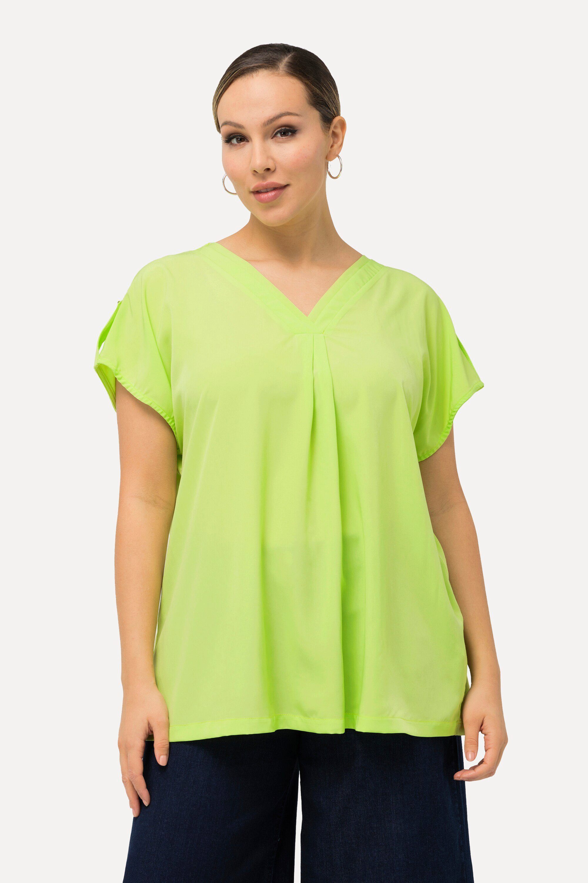 Ulla Popken Druckbluse Bluse Oversized V-Ausschnitt Zierfalten Halbarm