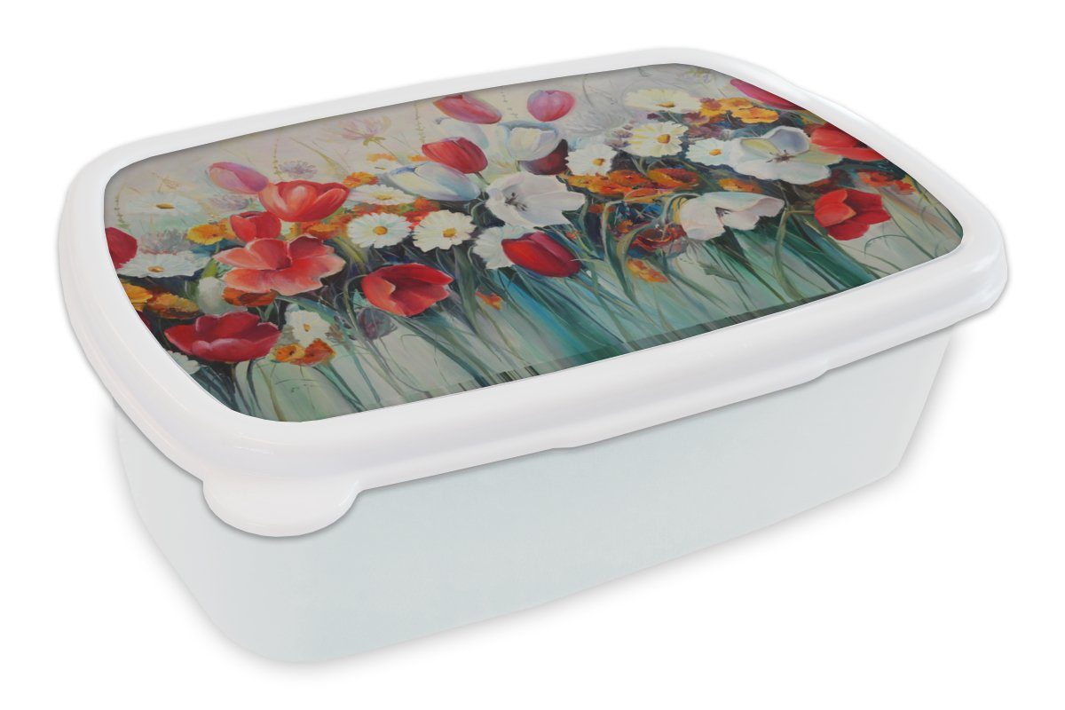 MuchoWow Lunchbox Malerei - Ölgemälde - Blumen, Kunststoff, (2-tlg), Brotbox für Kinder und Erwachsene, Brotdose, für Jungs und Mädchen weiß