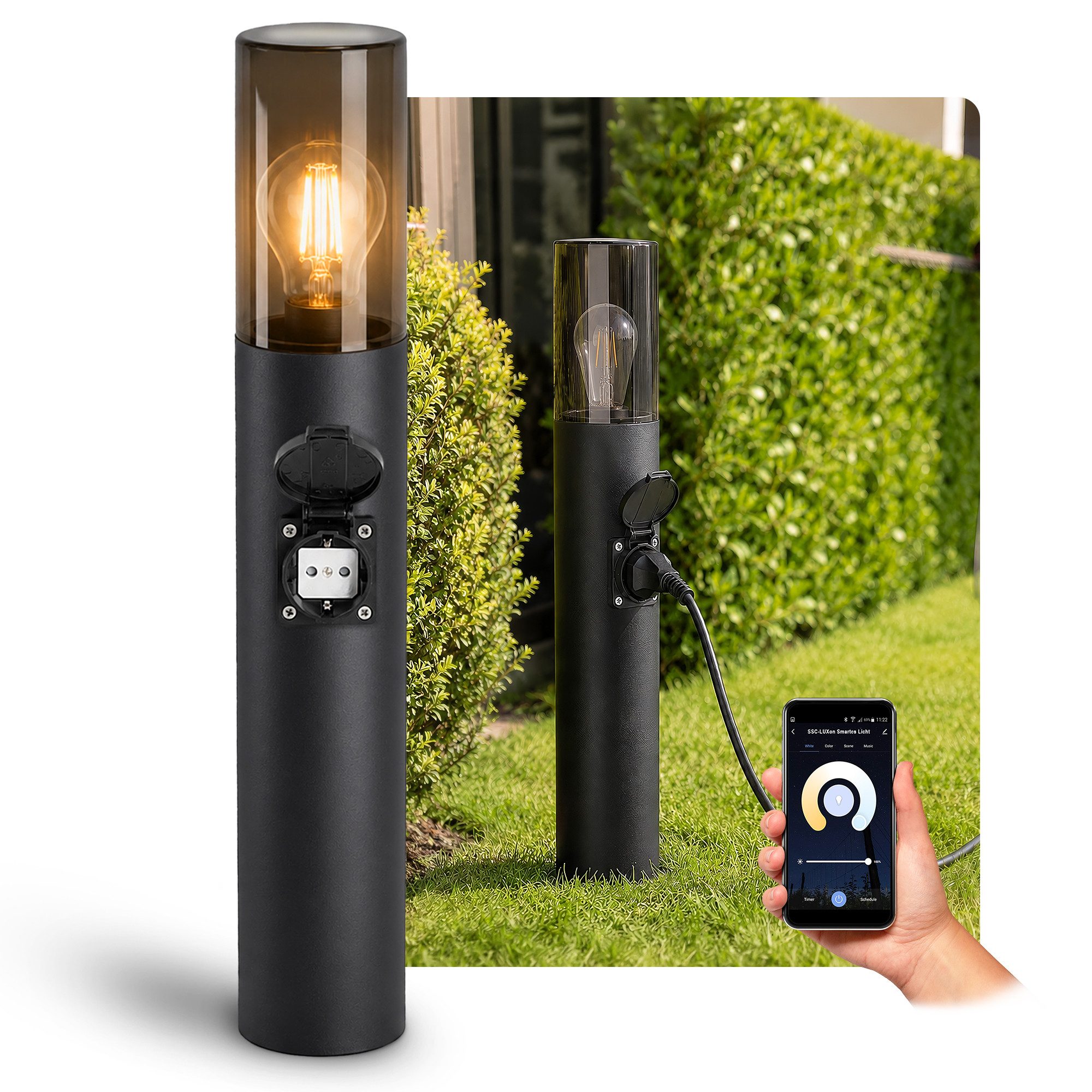 SSC-LUXon LED Gartenstrahler VARDA Wegeleuchte mit Steckdose Smart LED E27 WLAN dimmbar Weißtöne, Neutralweiß, Warmweiß, Tageslichtweiß