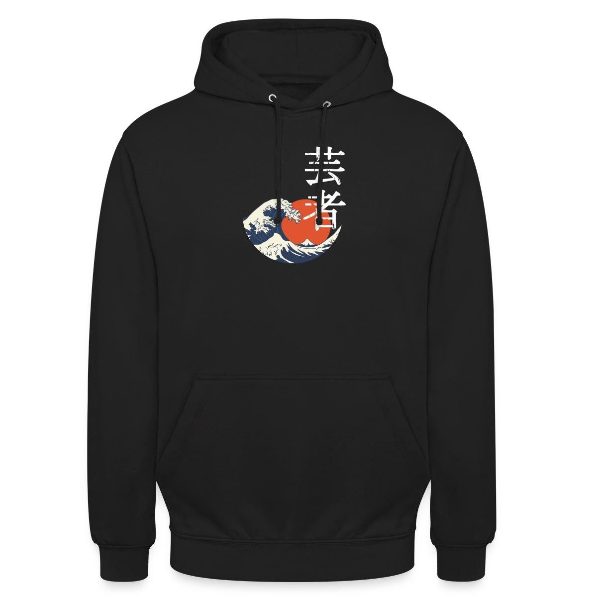 Spreadshirt Hoodie Große Welle Mit Roter Sonne Und Kanji Look Unisex Hoodie (1-tlg) Unisex-Schnitt: Sitzt bei Männern körpernah, bei Frauen weit
