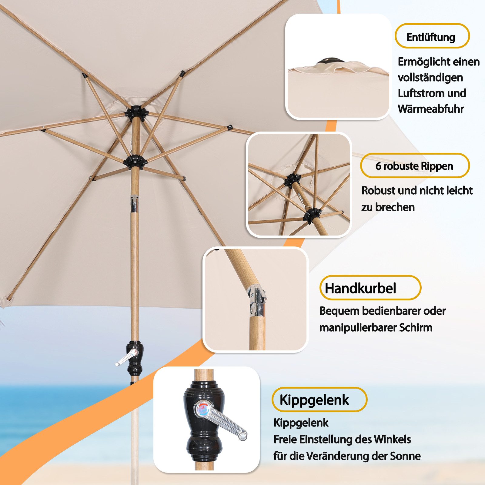 Angel Living Sonnenschirm 300 cm Gartenschirm mit Kurbel,UV-Schutz, Terrassenschirm belüftet, Marktschirm für Terrasse, Garten, Balkon Cremegelb