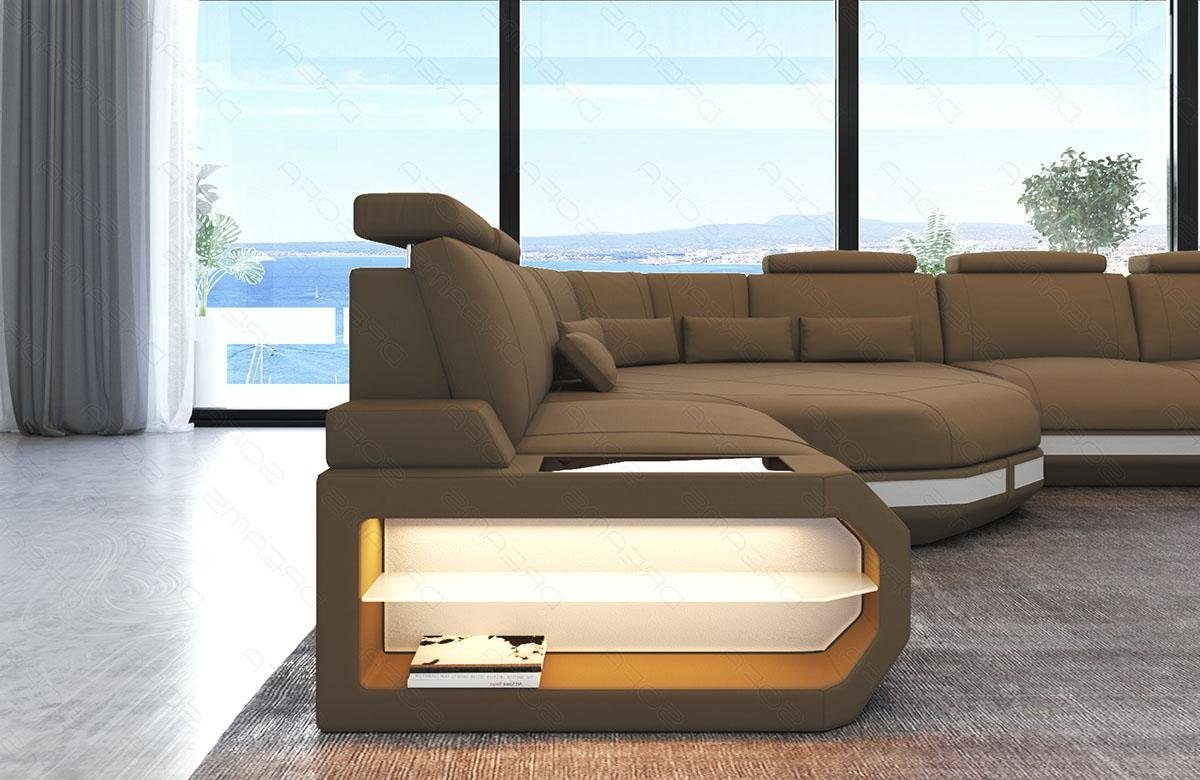 Sofa Dreams Wohnlandschaft Stoff Couch Sitzefläche, Sofa große LED, U Stoffsofa USB, Designersofa Ecke Polster Asti, Form mit
