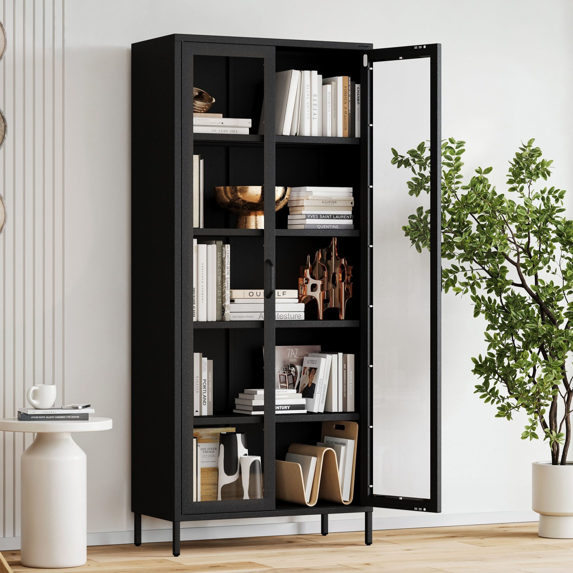 Jan Nowak Vitrine ANGELO Vitrine Glas Metall Stahl 80x185x45cm 4 Regale Sparkling (Stahl 0,6mm, 4 Regale 40kg, Hartglas 2 Türen, Wandmontage) Brilliance Beine regulierbar Wohnzimmer Salon