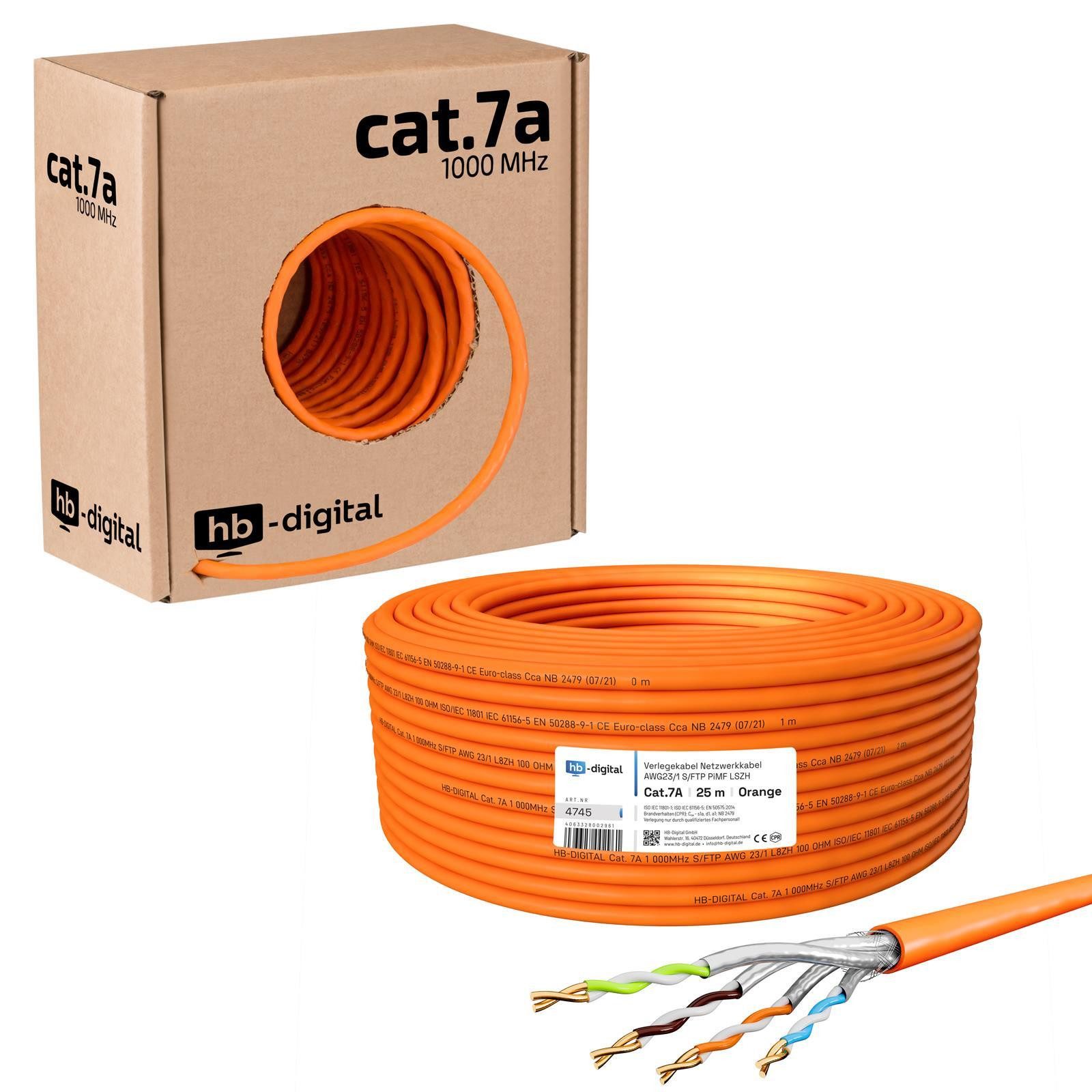 HB-DIGITAL CAT 7a Installationskabel Verlegekabel S/FTP AWG23 LSZH Netzwerkkabel, Netzwerkstecker, (2500 cm), Premium Qualität mit Ø 7,7mm. LSZH Halogenfreies Außenmantel